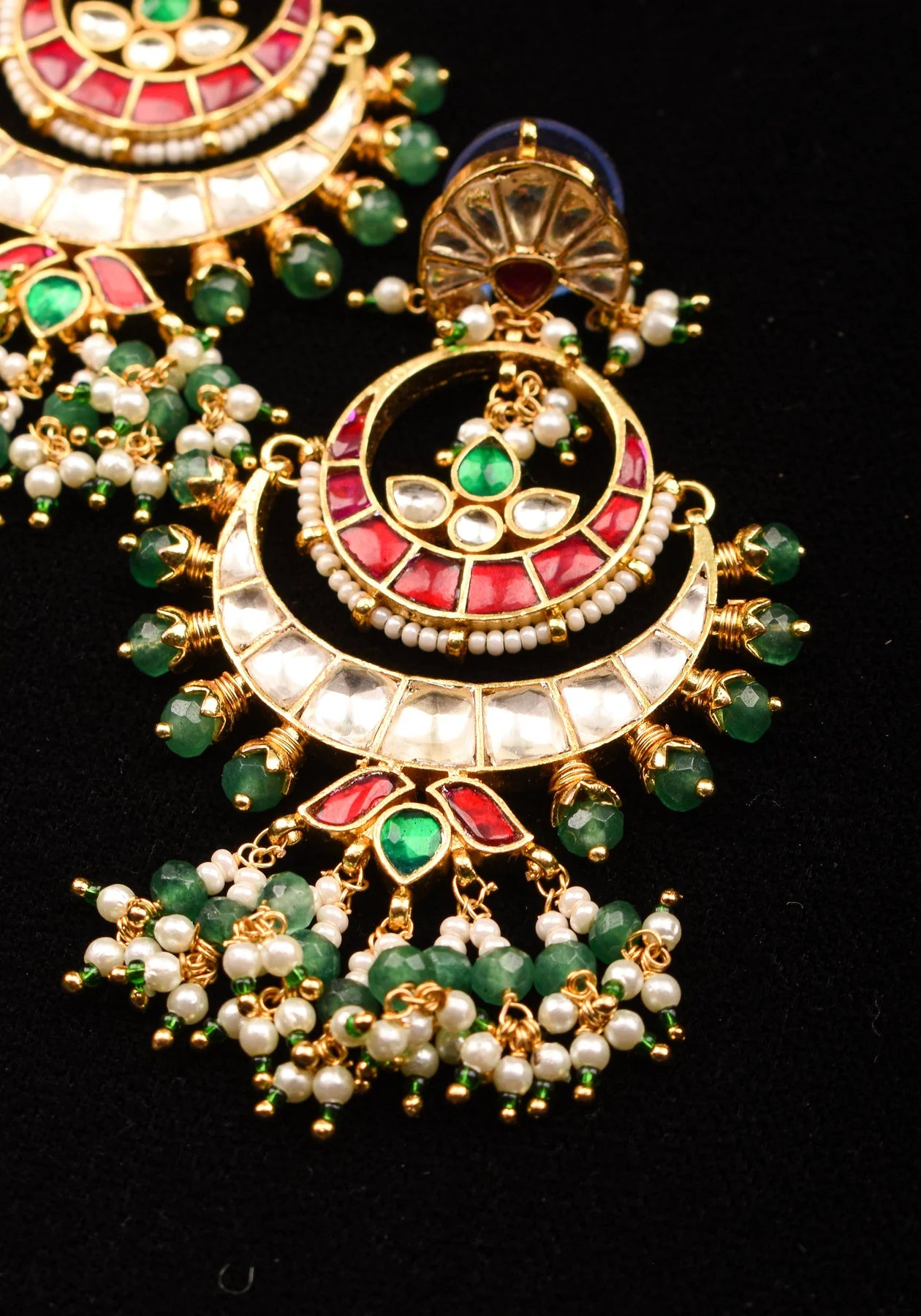 Chandbali Earrings with Red, White and Green Stones embedded in Jadau technique and dangling beads