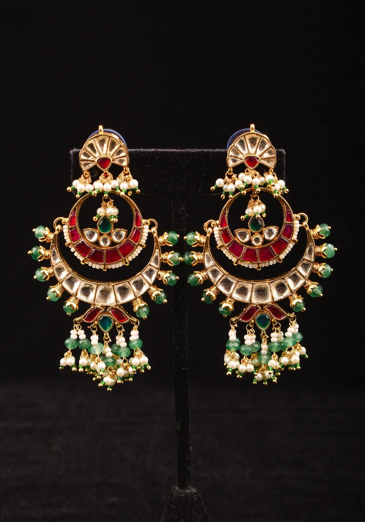 Chandbali Earrings with Red, White and Green Stones embedded in Jadau technique and dangling beads