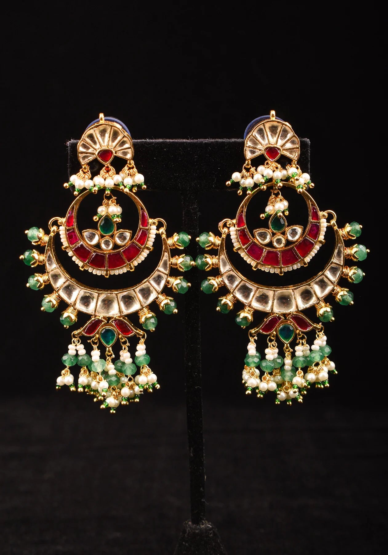 Chandbali Earrings with Red, White and Green Stones embedded in Jadau technique and dangling beads