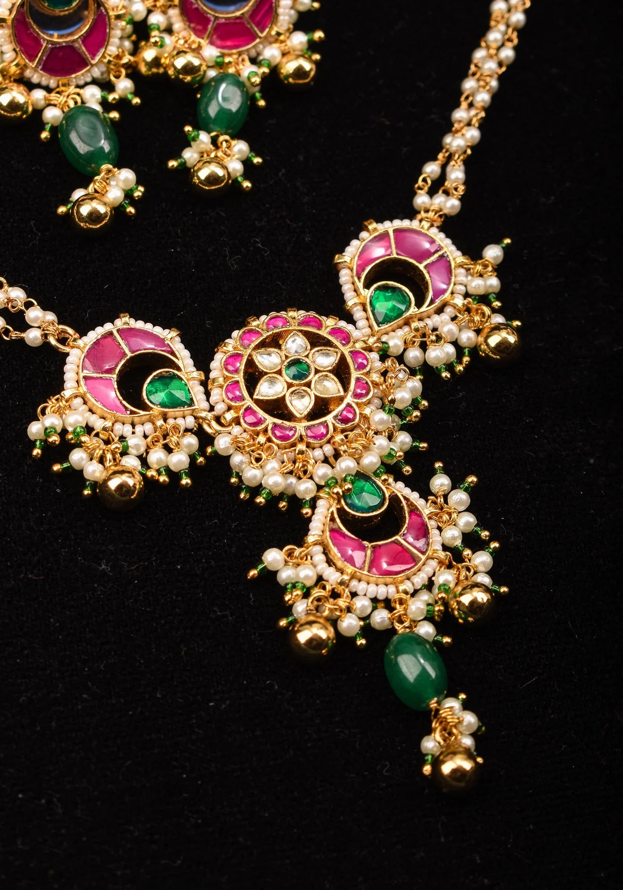 Pearl Multistrand Gold Tone Chand Floral Pendant Necklace Set with dangling pearls and green beads