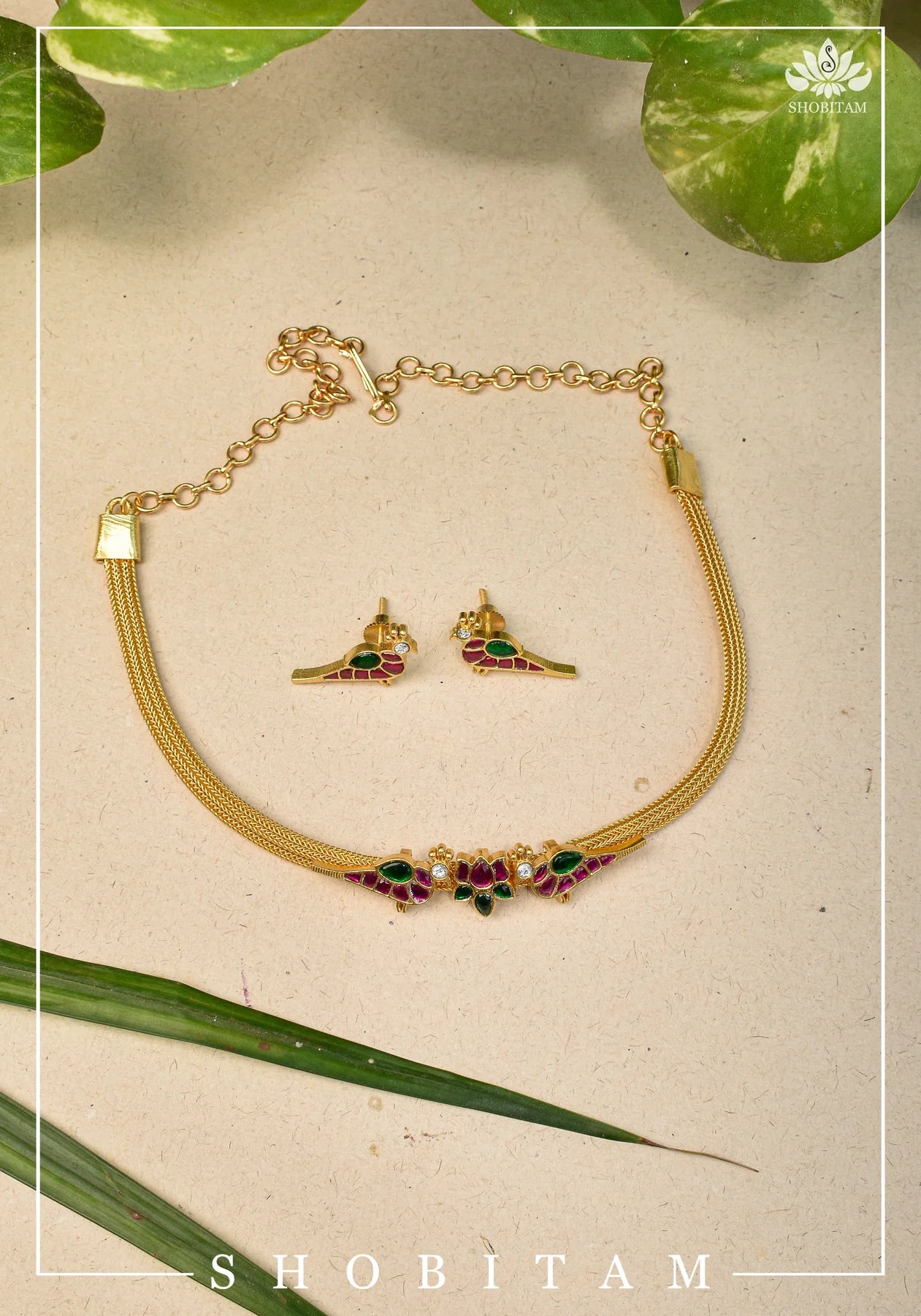 Twin Peacock and Lotus Minimalistic Ethnic Necklace and Earrings