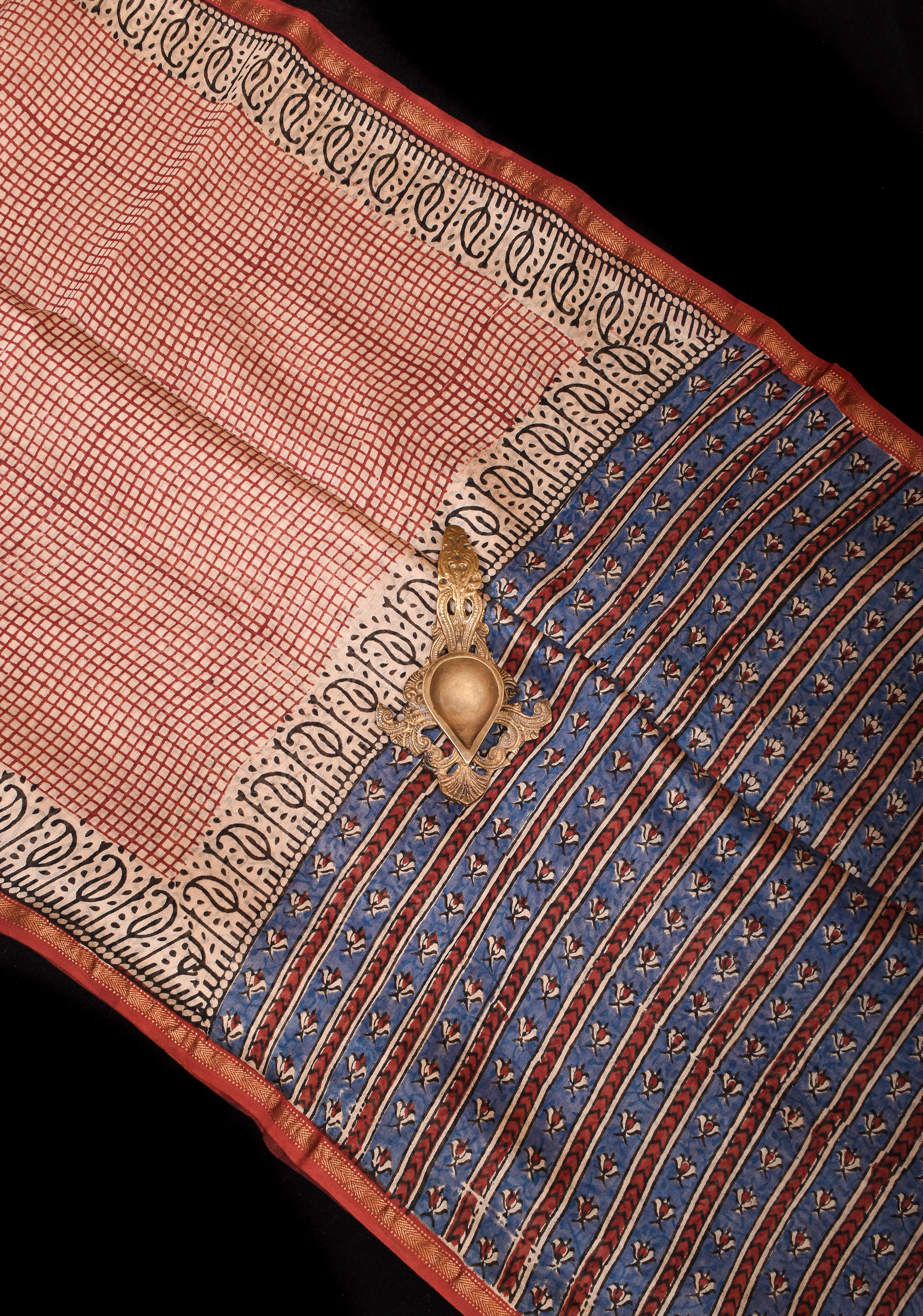 Vintage Checks - Bagru hand Block Print on Chanderi Silk Cotton Saree