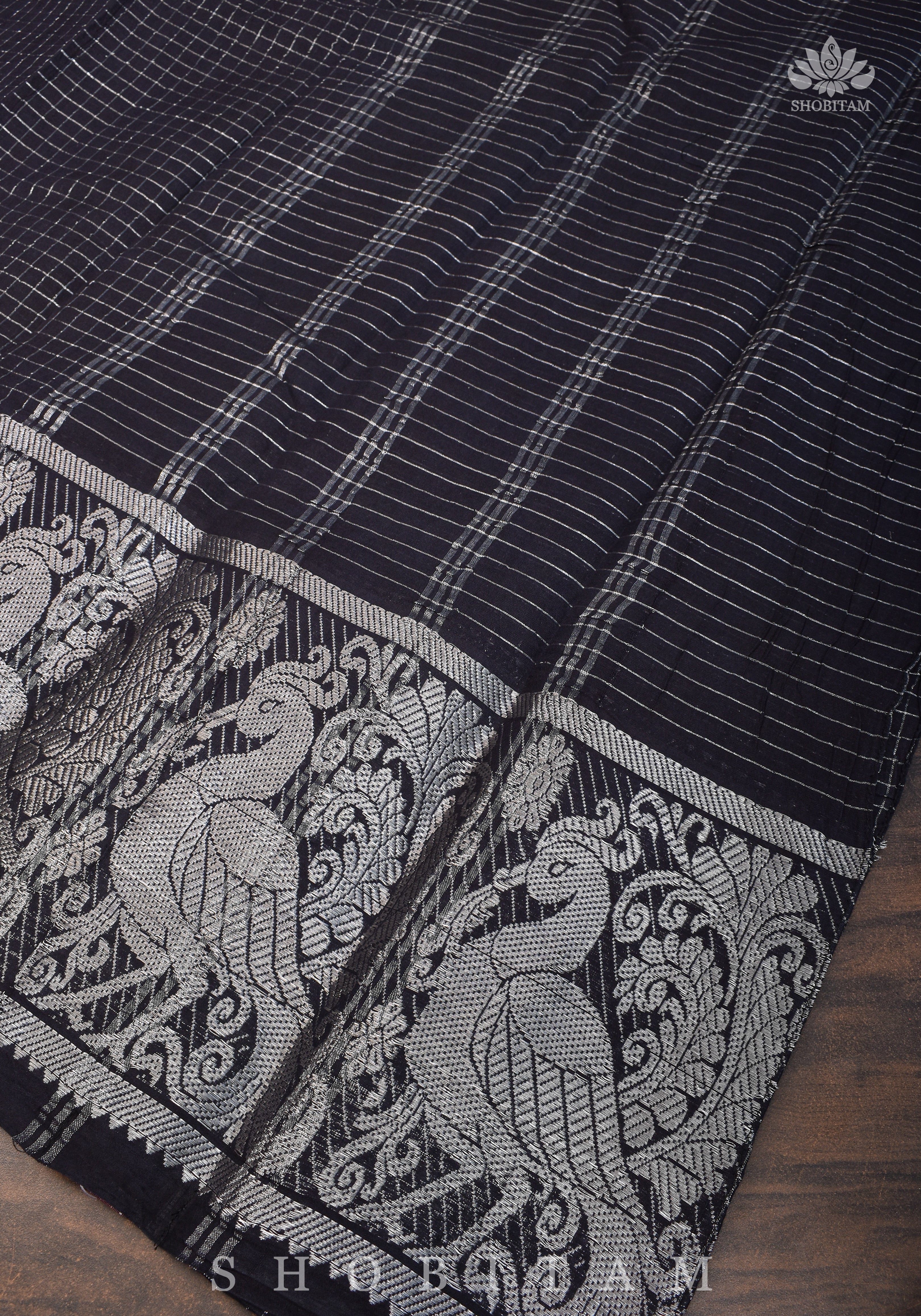 Madurai Cotton saree in Black with Wide Zari Border