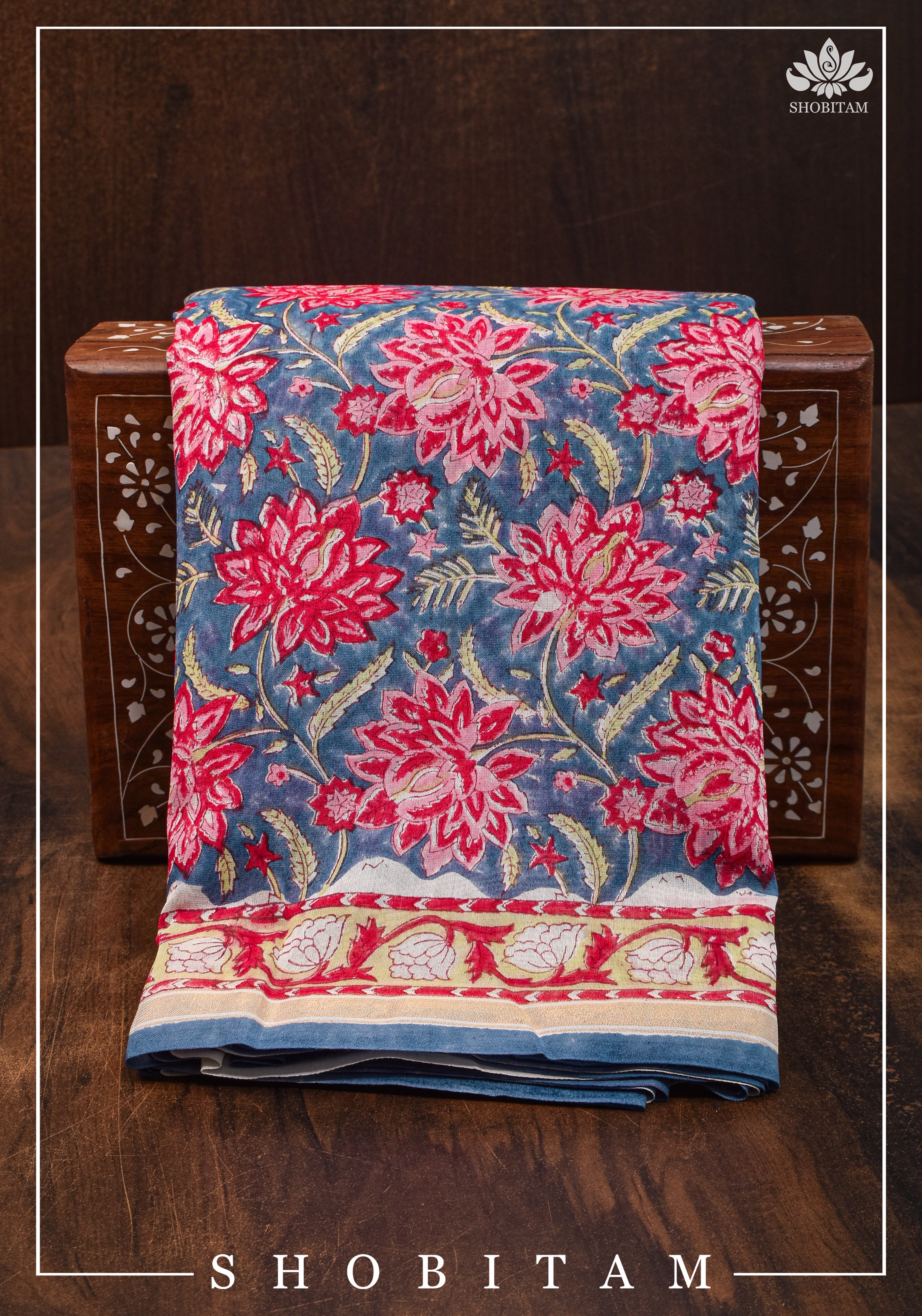 Sanganeri Hand Block Print Floral Design Saree in Blue and Pink on Mercerized Chanderi Cotton