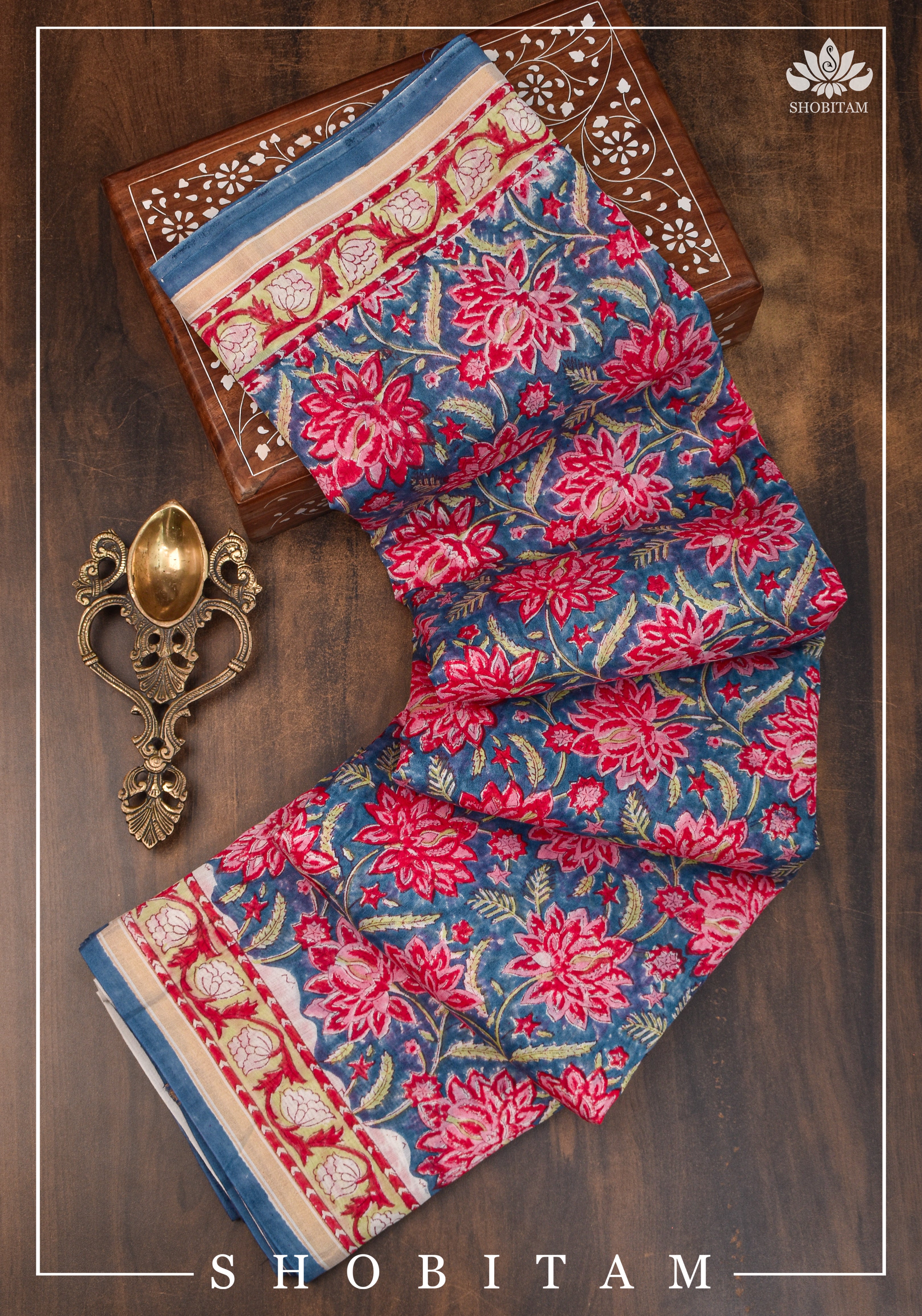 Sanganeri Hand Block Print Floral Design Saree in Blue and Pink on Mercerized Chanderi Cotton