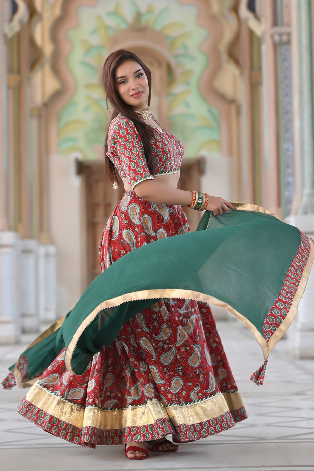 Red Paisley Lehenga handcrafted with hand block print cotton | Made To Order