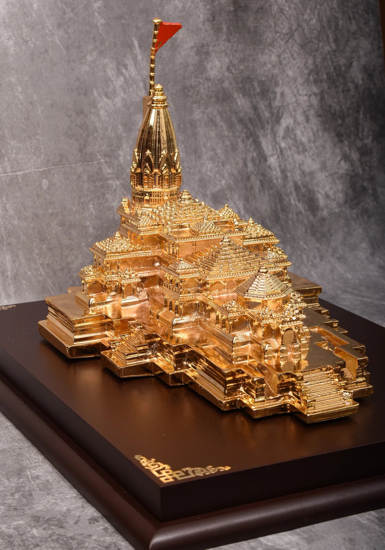 Ayodhya Ram Mandir Statue in Solid Metal with Gold Tone Polish, Wooden base measured 13x10"
