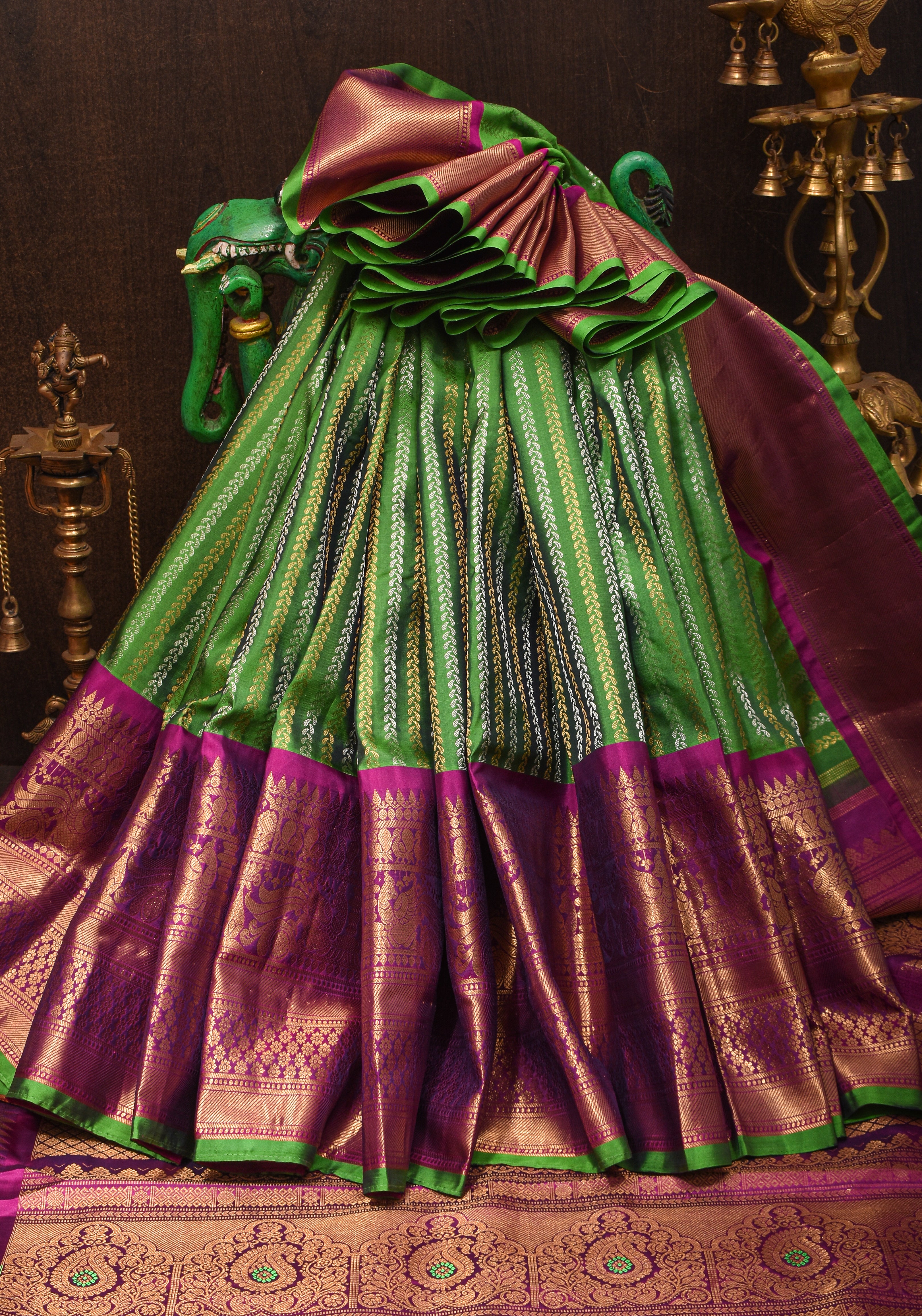 Pure Gadwal Silk Saree in Grass Green with Ornate Zari Stripes in two tone Zari with 12' zari border | SILK MARK CERTIFIED