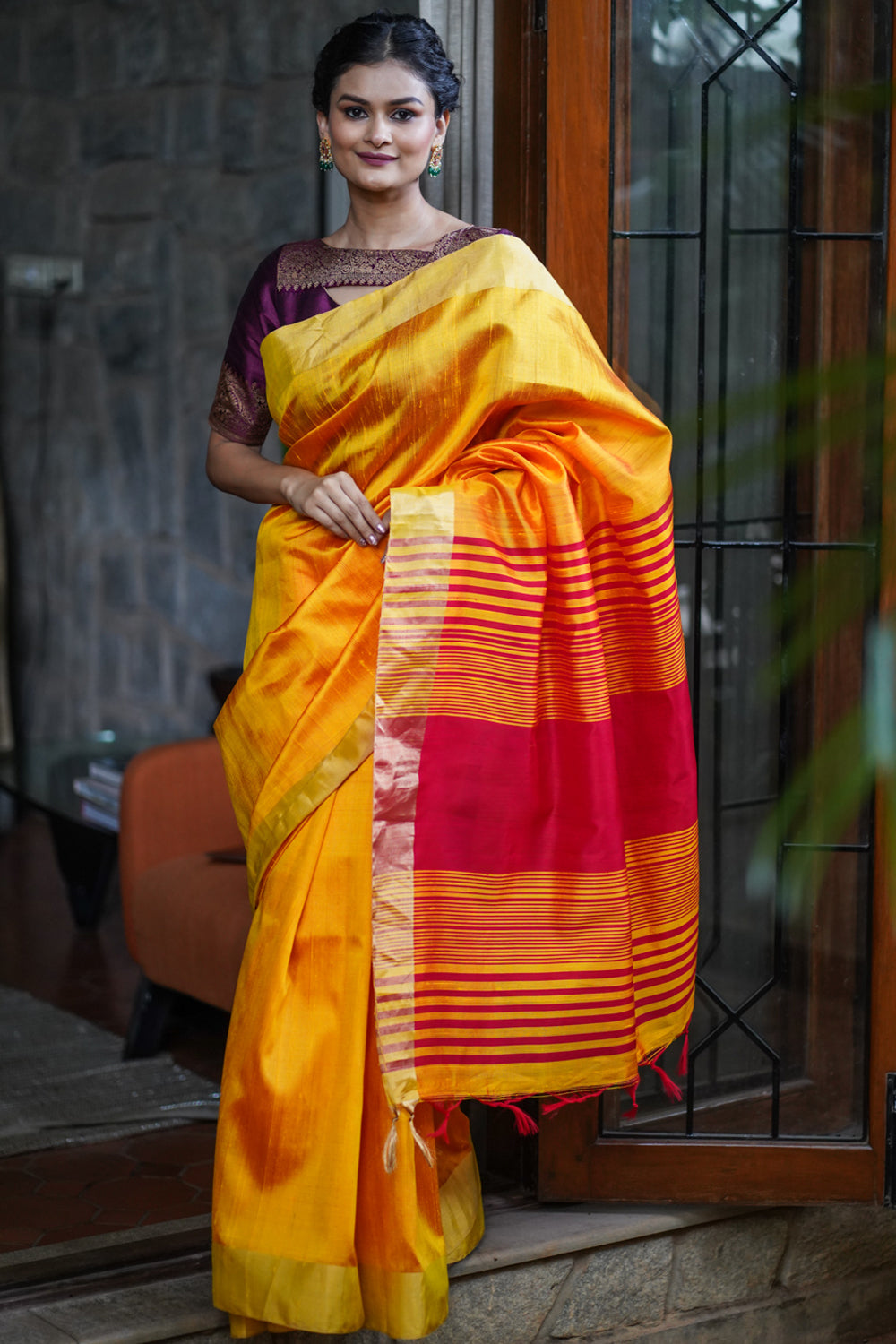 Pure Raw Silk Saree in Orange & Red Dual Tone and Zari Border | SILK MARK CERTIFIED