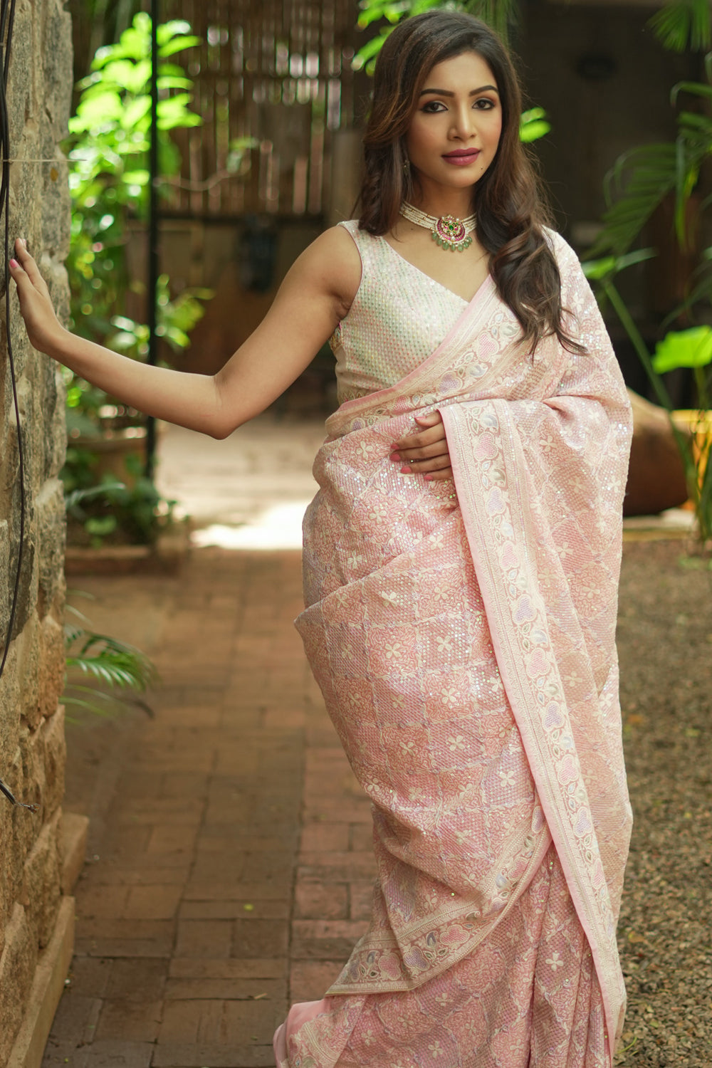 Peach chickankari with multicolour sequin work georgette saree
