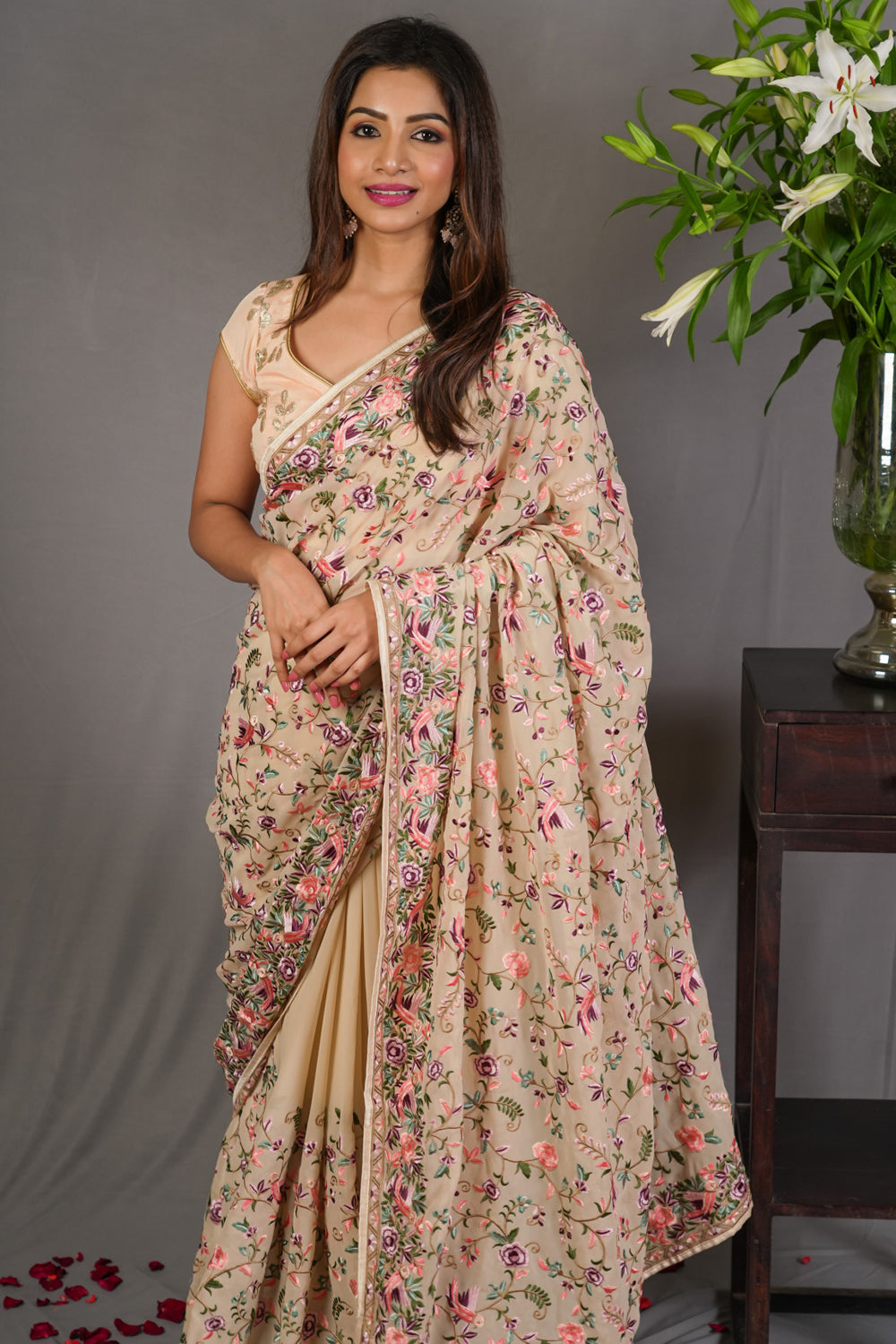 Parsi Gara design machine embroidered georgette saree in beige