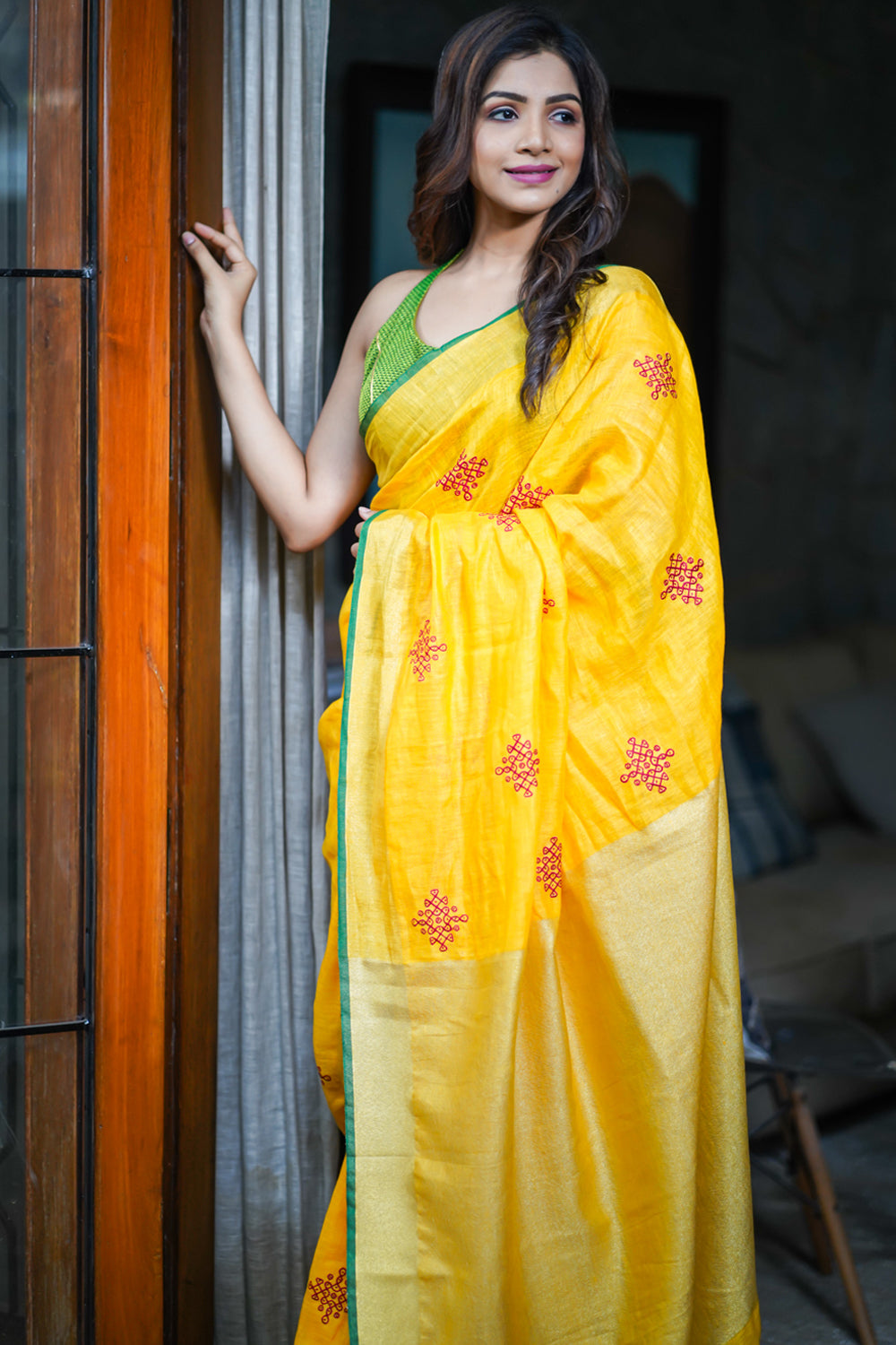 Rangoli Embroidered Border on Pure Linen by Linen Saree in Yellow, Gold and Green