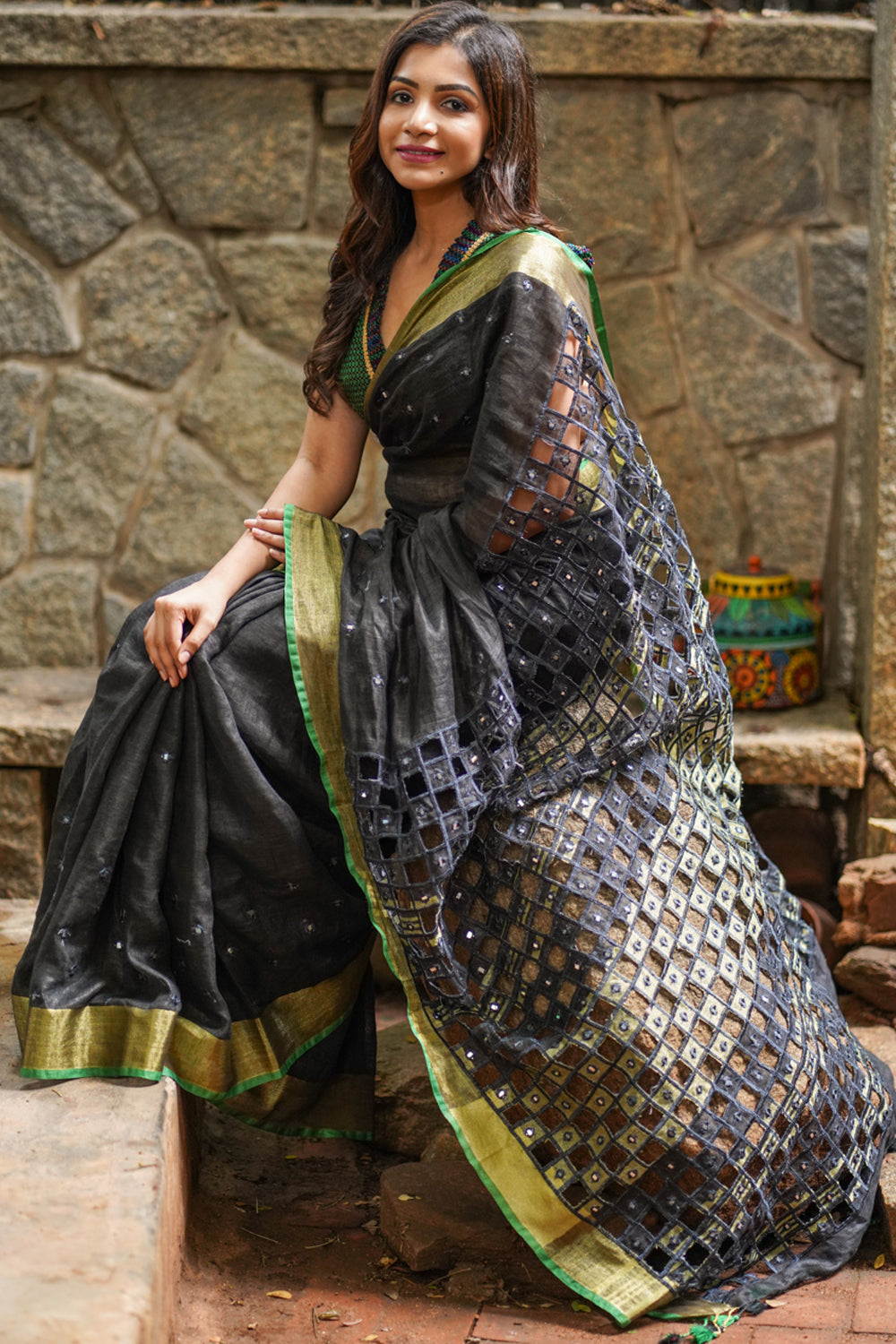 Cutwork Linen Saree in Black with Green borders
