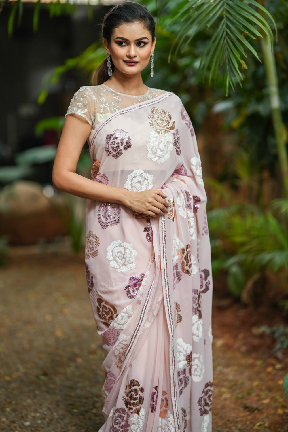 Silver and pink sequin worked georgette saree in dusty peach