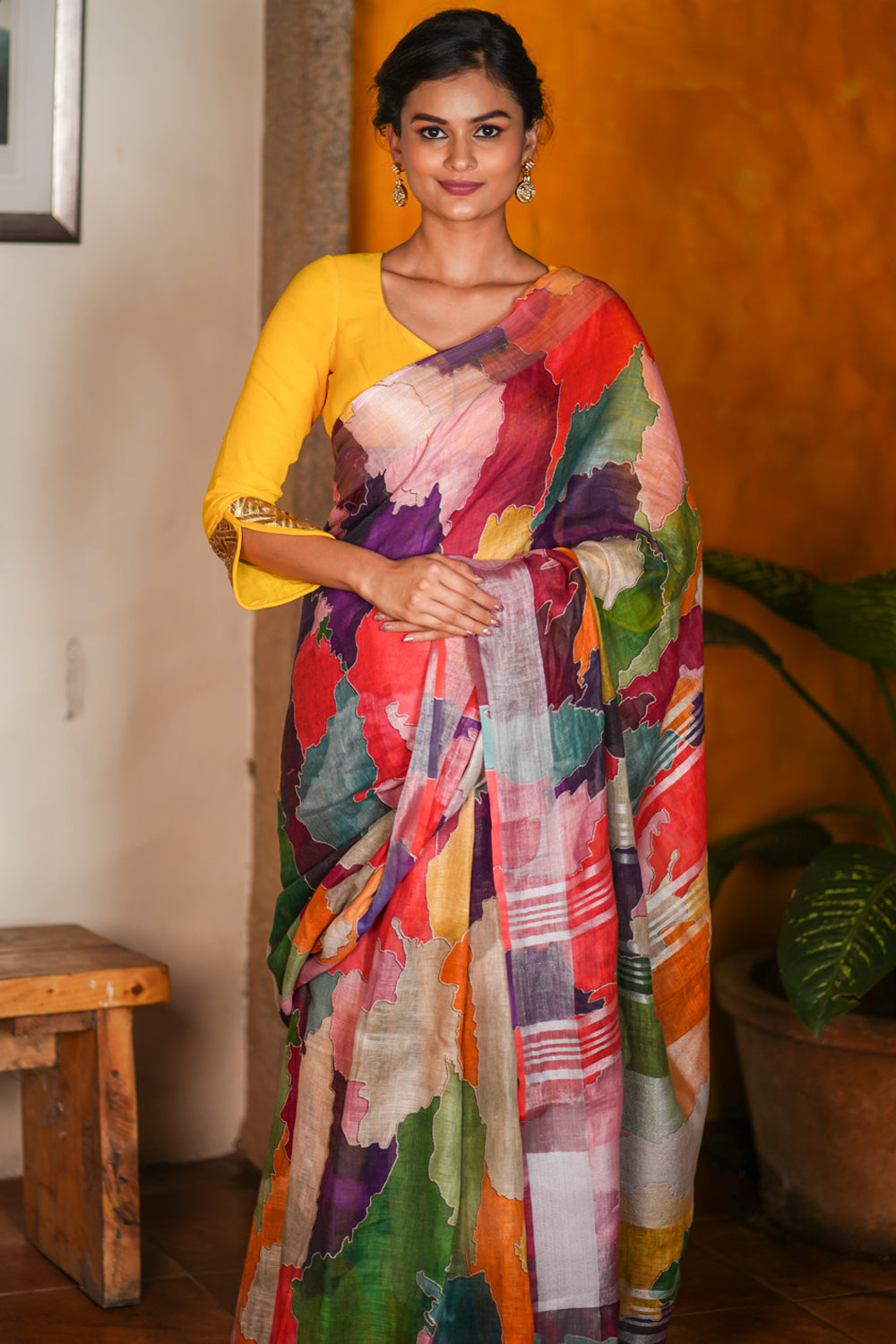 Abstract Print Multicolor Linen by Linen Saree with Zari Border