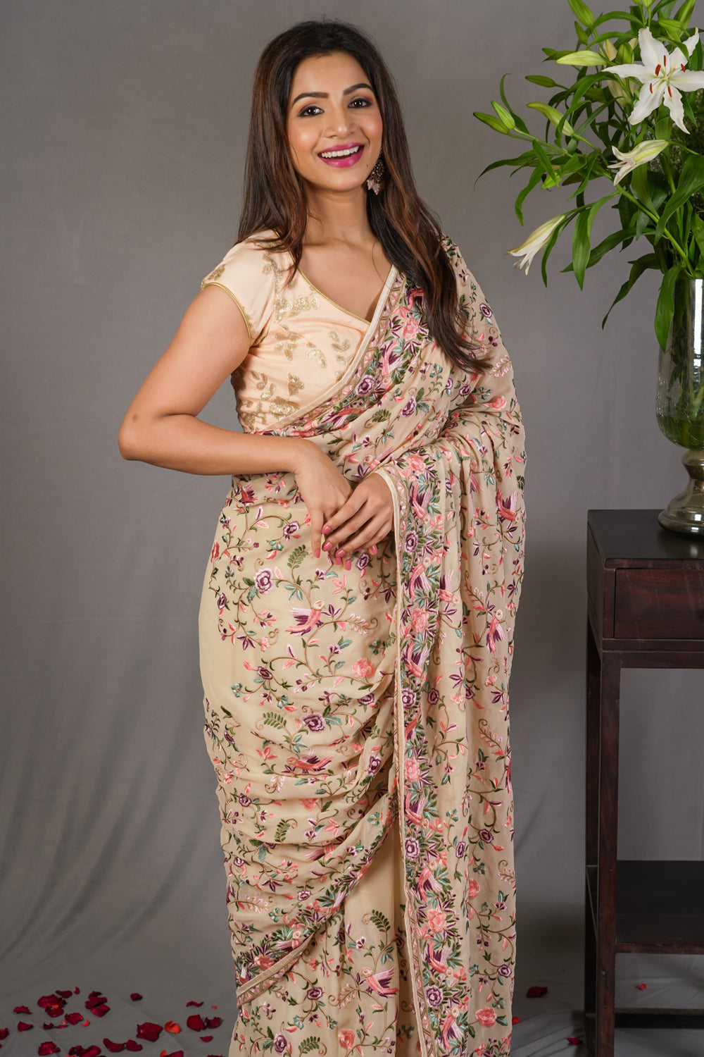 Parsi Gara design machine embroidered georgette saree in beige