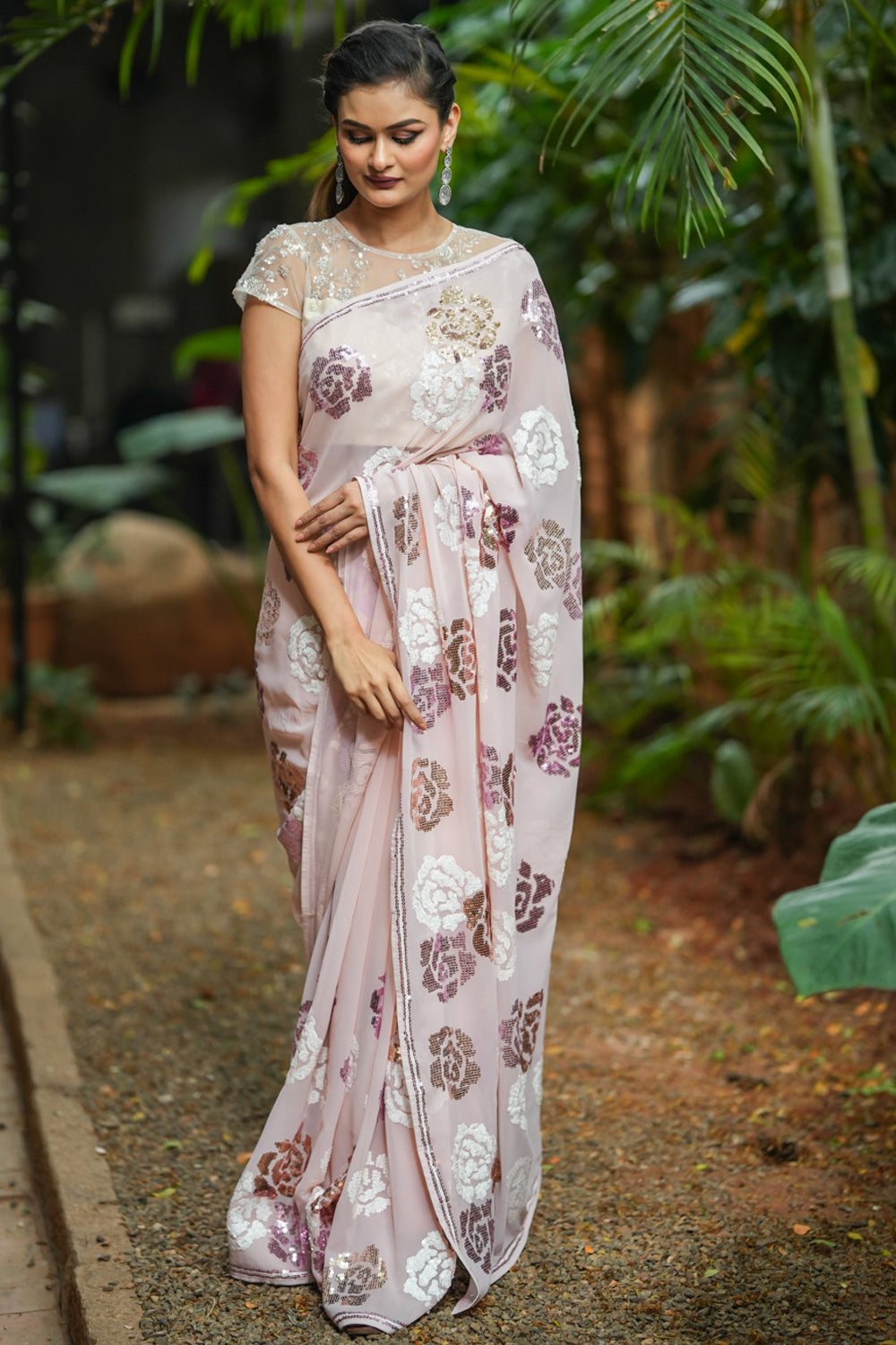 Silver and pink sequin worked georgette saree in dusty peach