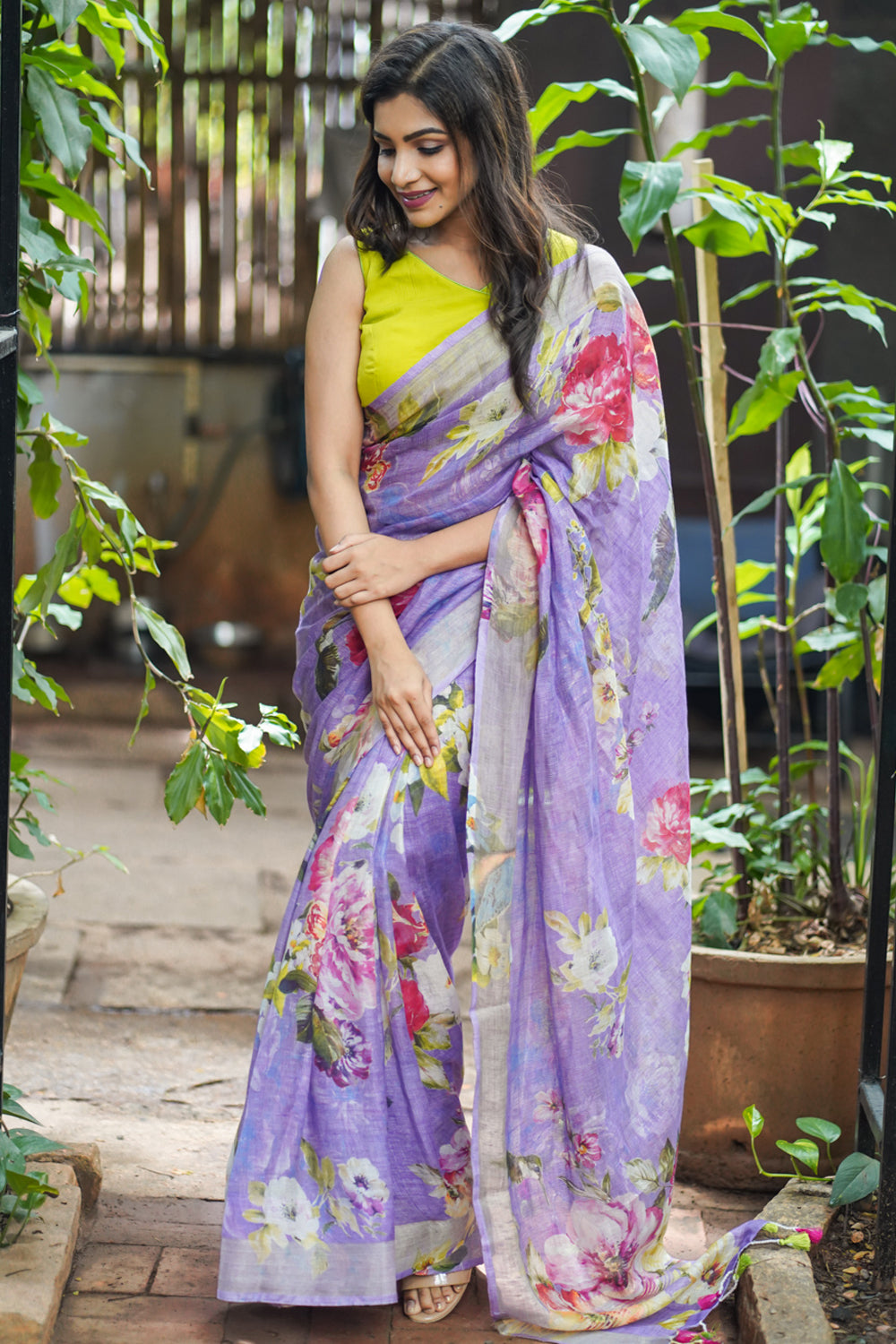 Lavender Linen Saree with Floral Digital Print