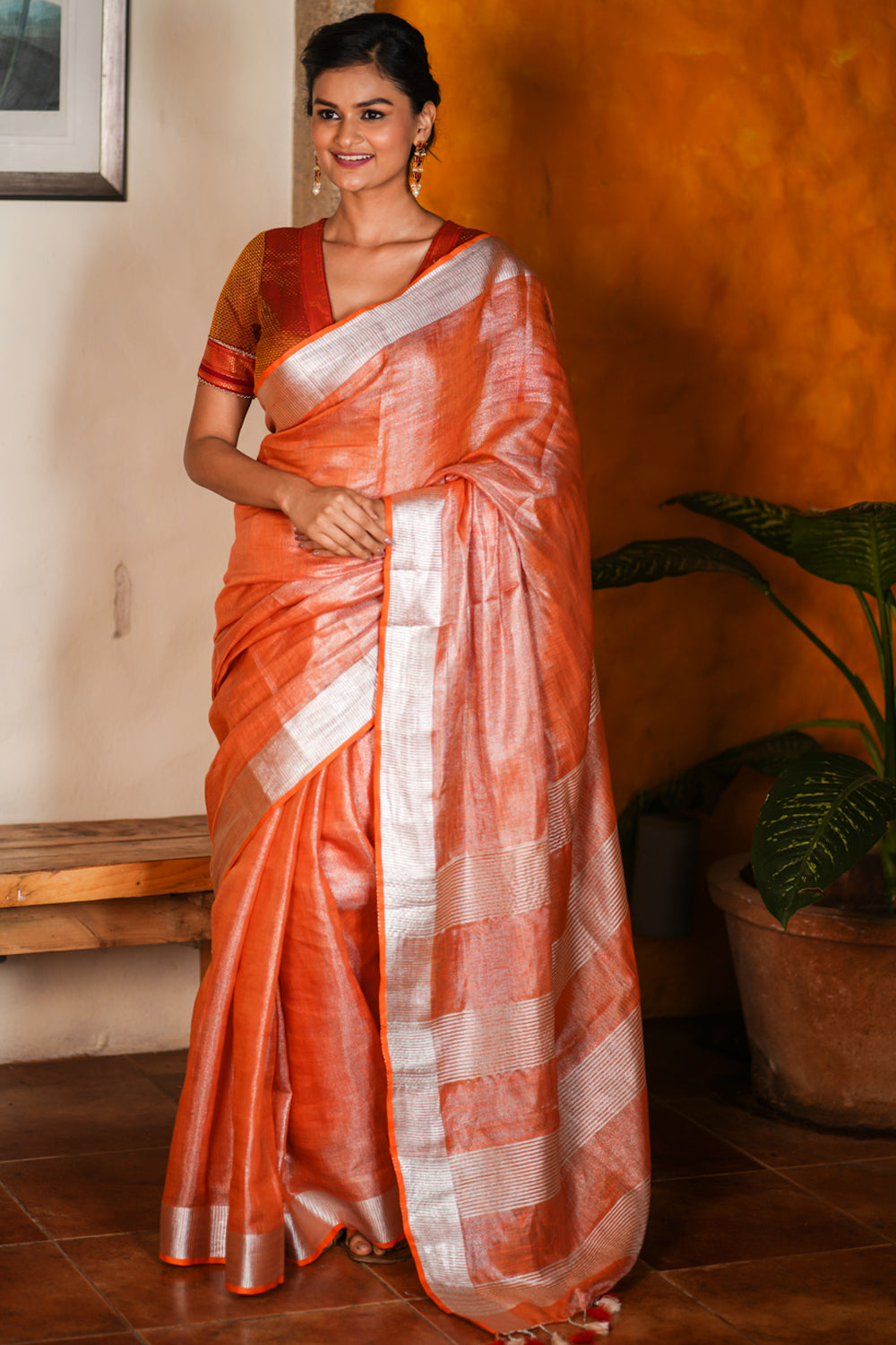 Burnt Orange and Silver Tissue by Linen Saree