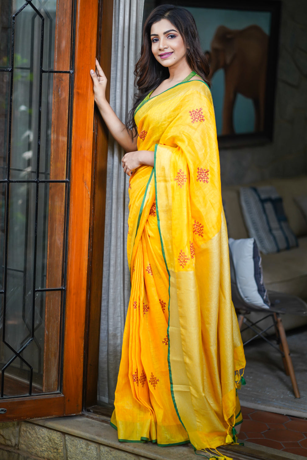 Rangoli Embroidered Border on Pure Linen by Linen Saree in Yellow, Gold and Green