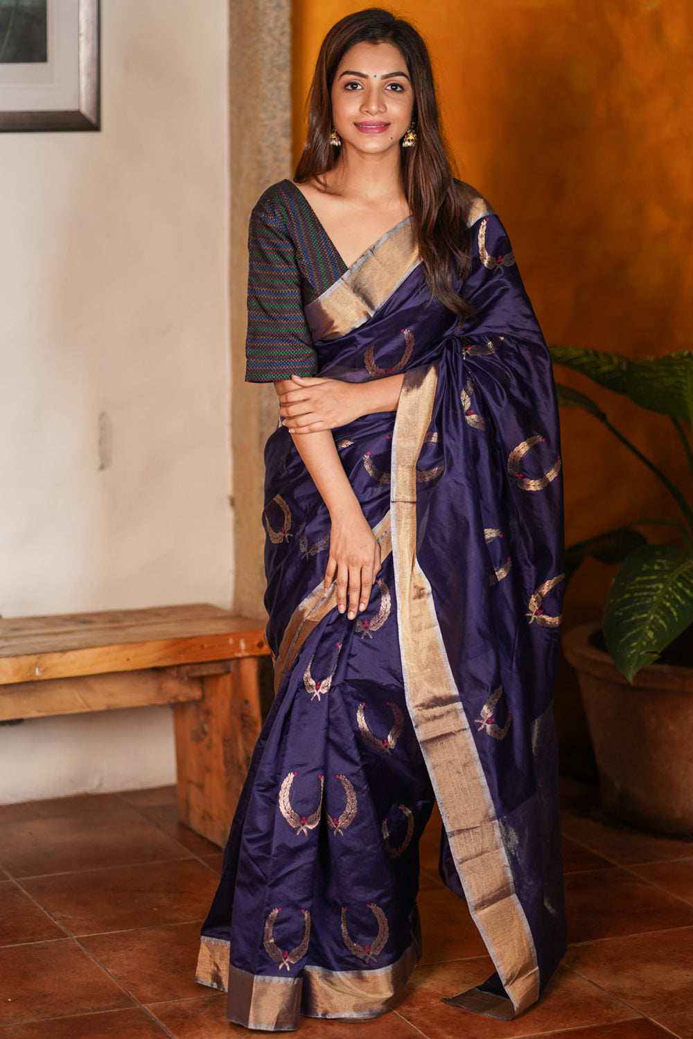 Unique Chanderi Silk Saree in Navy Blue with Unique Motifs