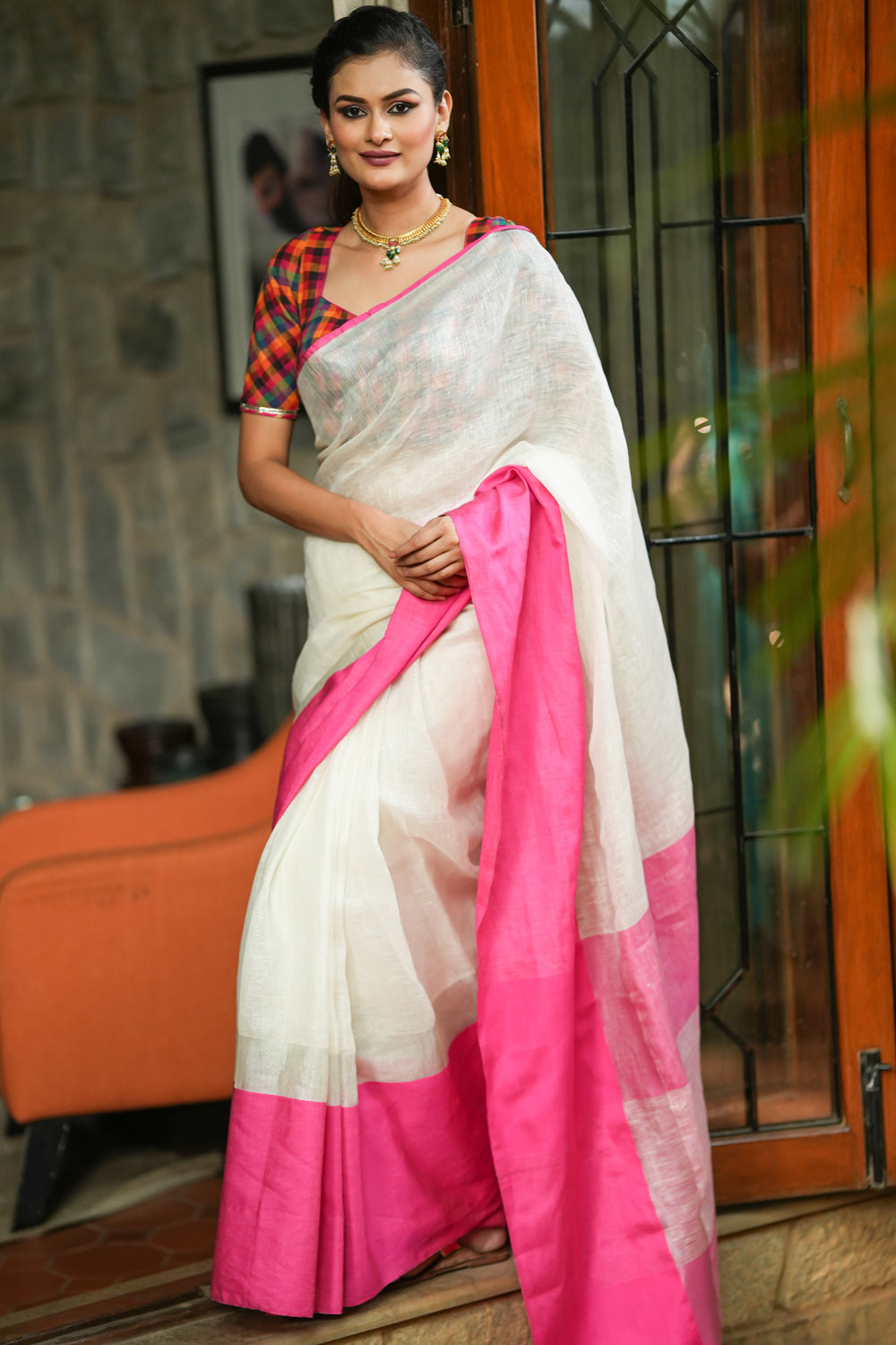 White, Pink and Silver Pure Linen Saree