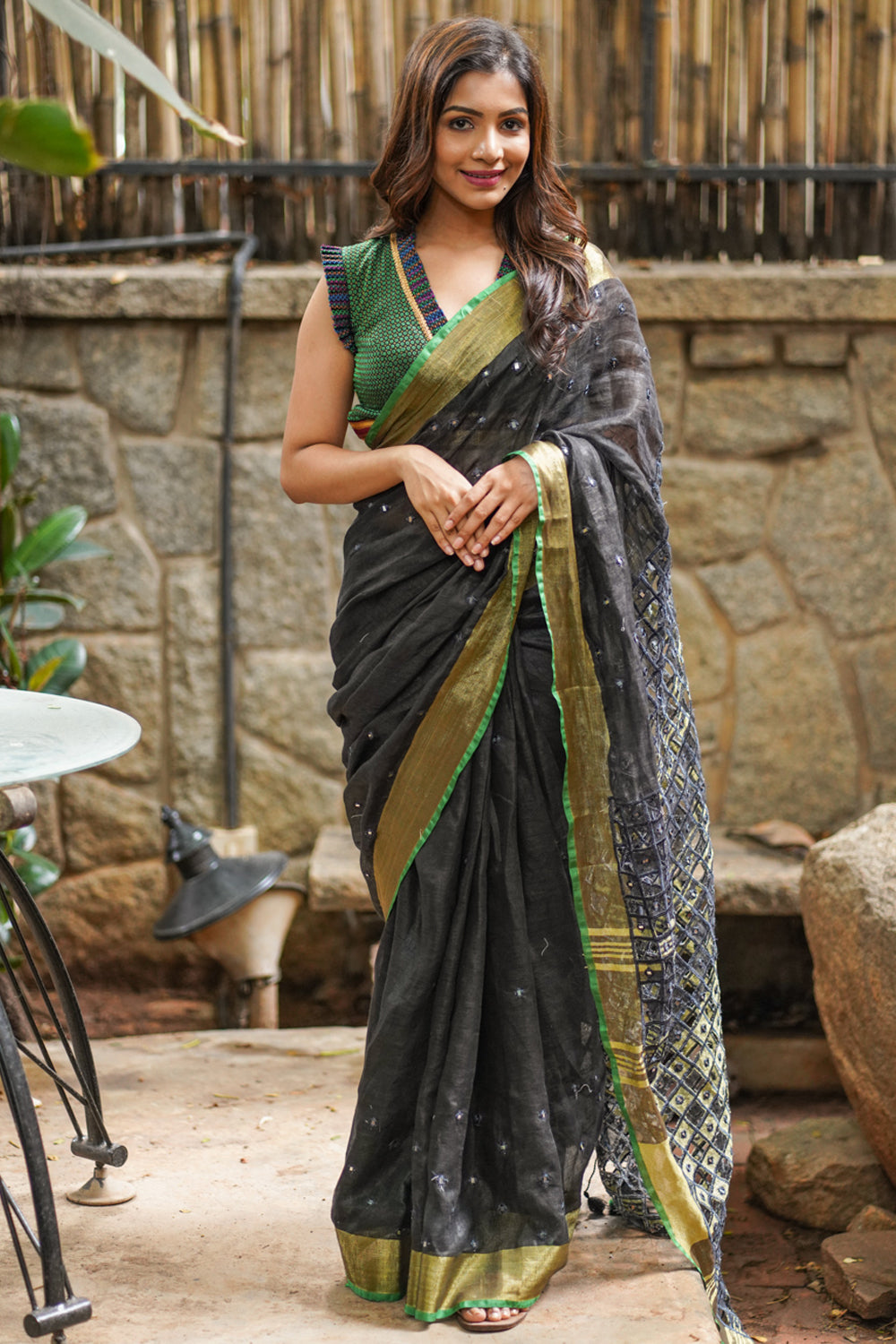 Cutwork Linen Saree in Black with Green borders