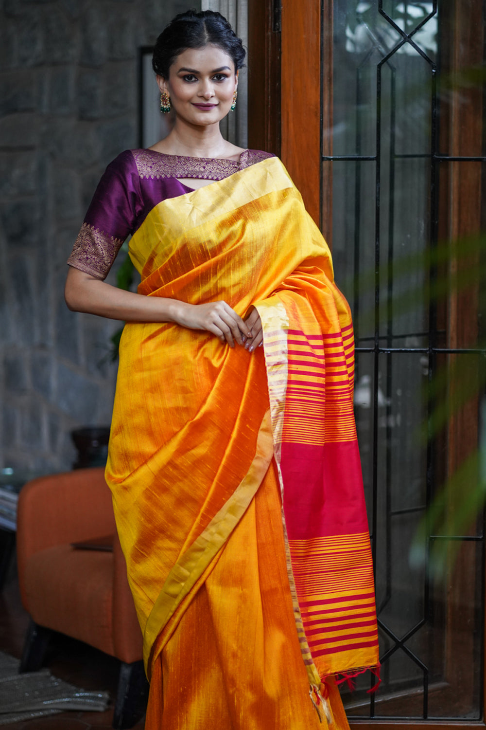 Pure Raw Silk Saree in Orange & Red Dual Tone and Zari Border | SILK MARK CERTIFIED