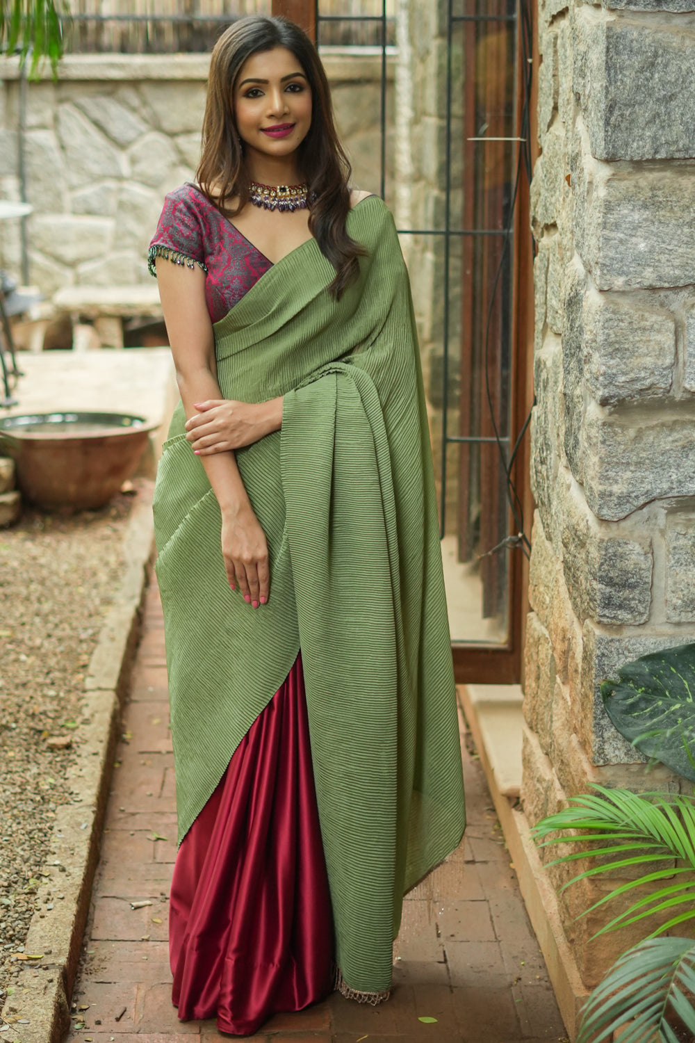 Sage green and maroon pleated satin saree
