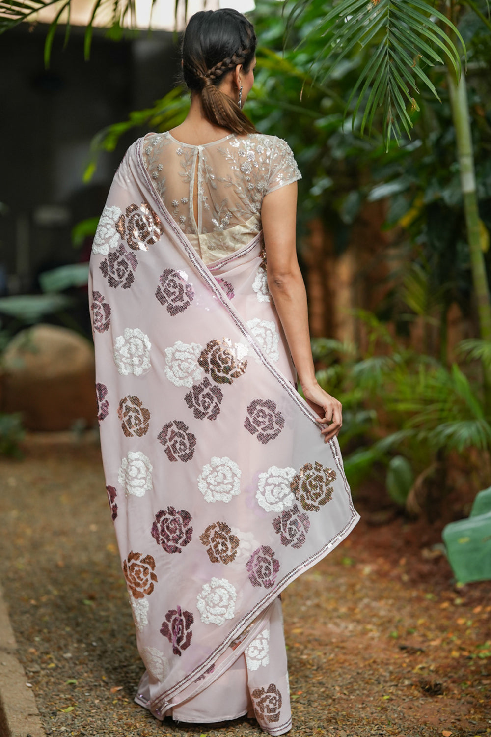 Silver and pink sequin worked georgette saree in dusty peach