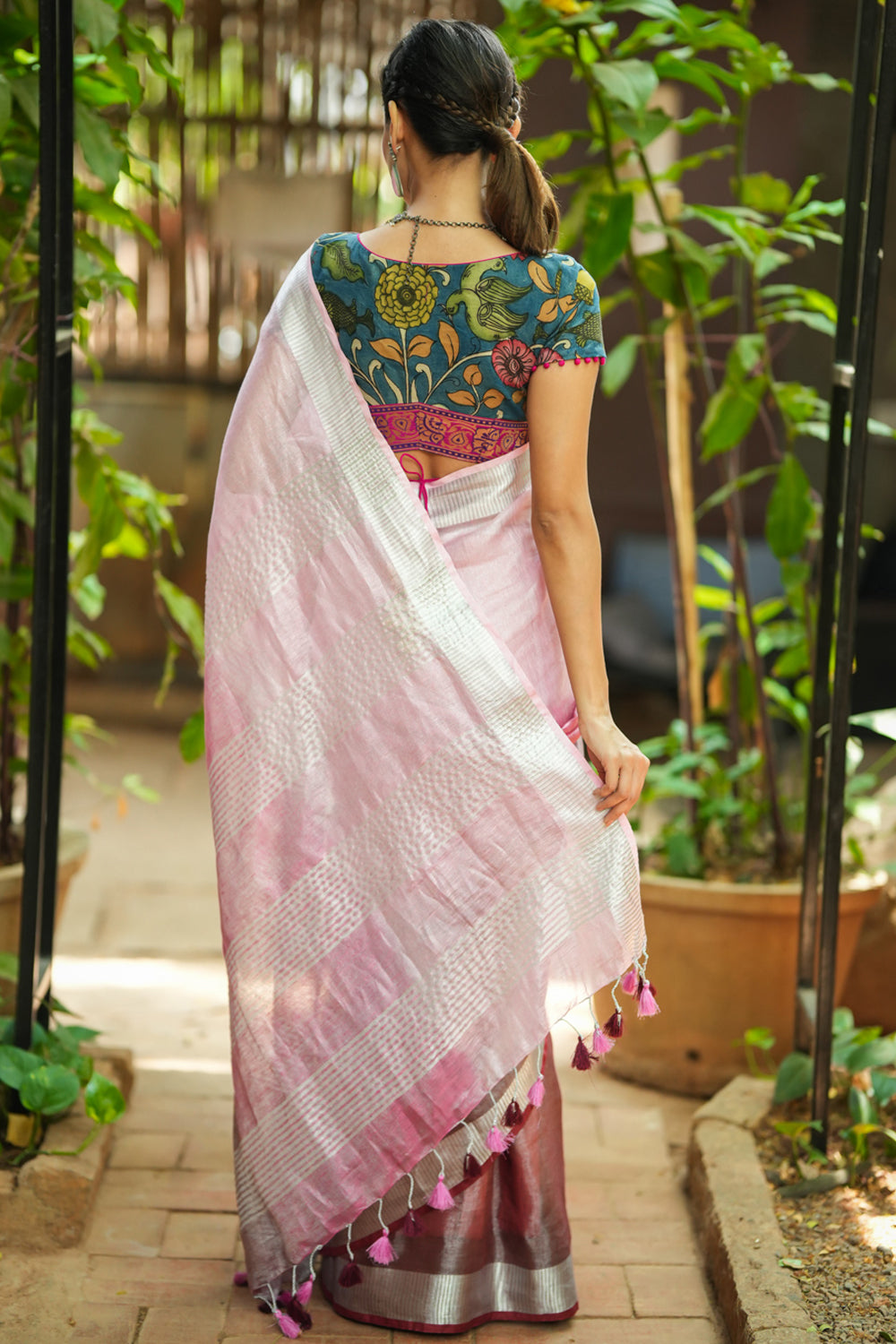 Blush pink and burgundy ombre linen saree with silver  border.