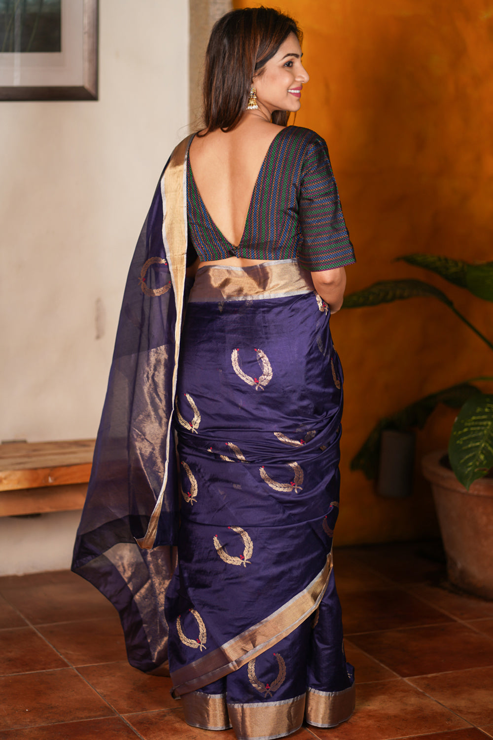 Unique Chanderi Silk Saree in Navy Blue with Unique Motifs