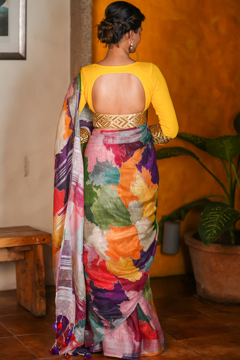 Abstract Print Multicolor Linen by Linen Saree with Zari Border