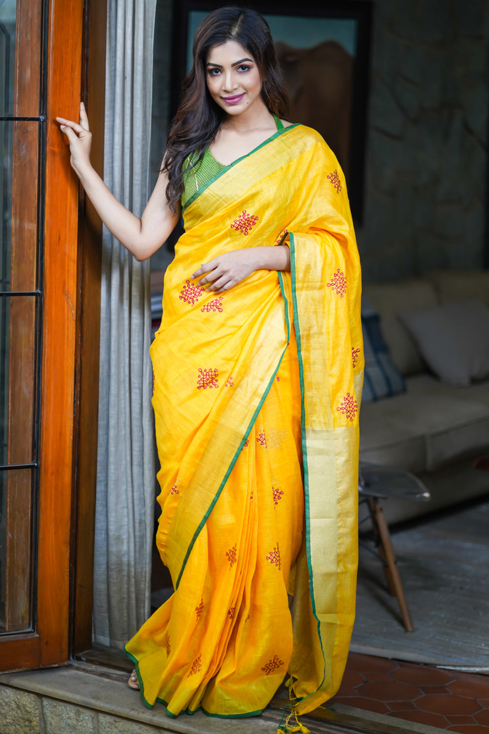 Rangoli Embroidered Border on Pure Linen by Linen Saree in Yellow, Gold and Green
