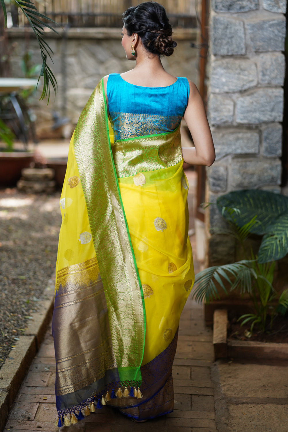 Banarasi Silk Organza Saree in Yellow with Ganga Jamuna Borders