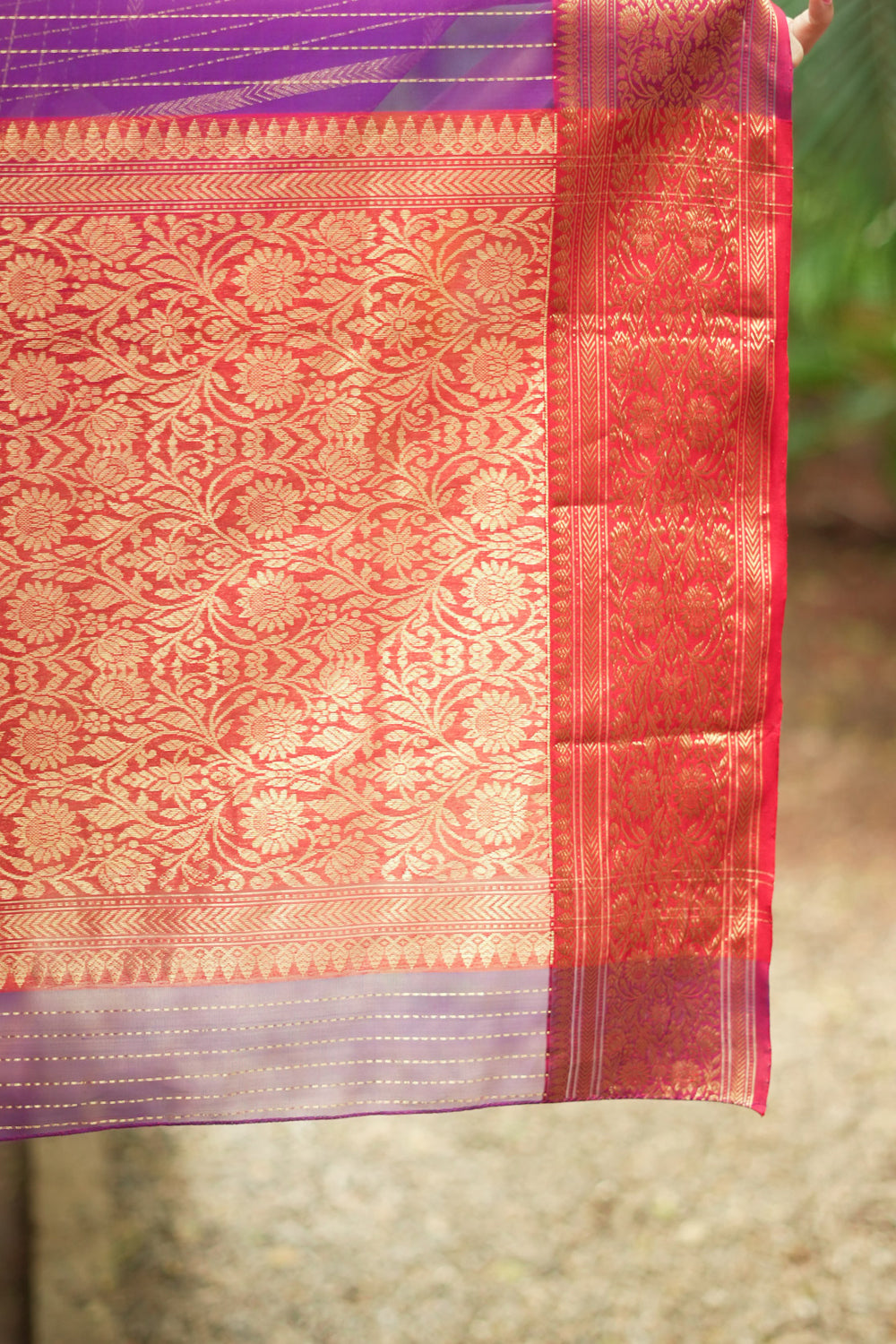Purple and maroon dual tone striped chanderi silk saree