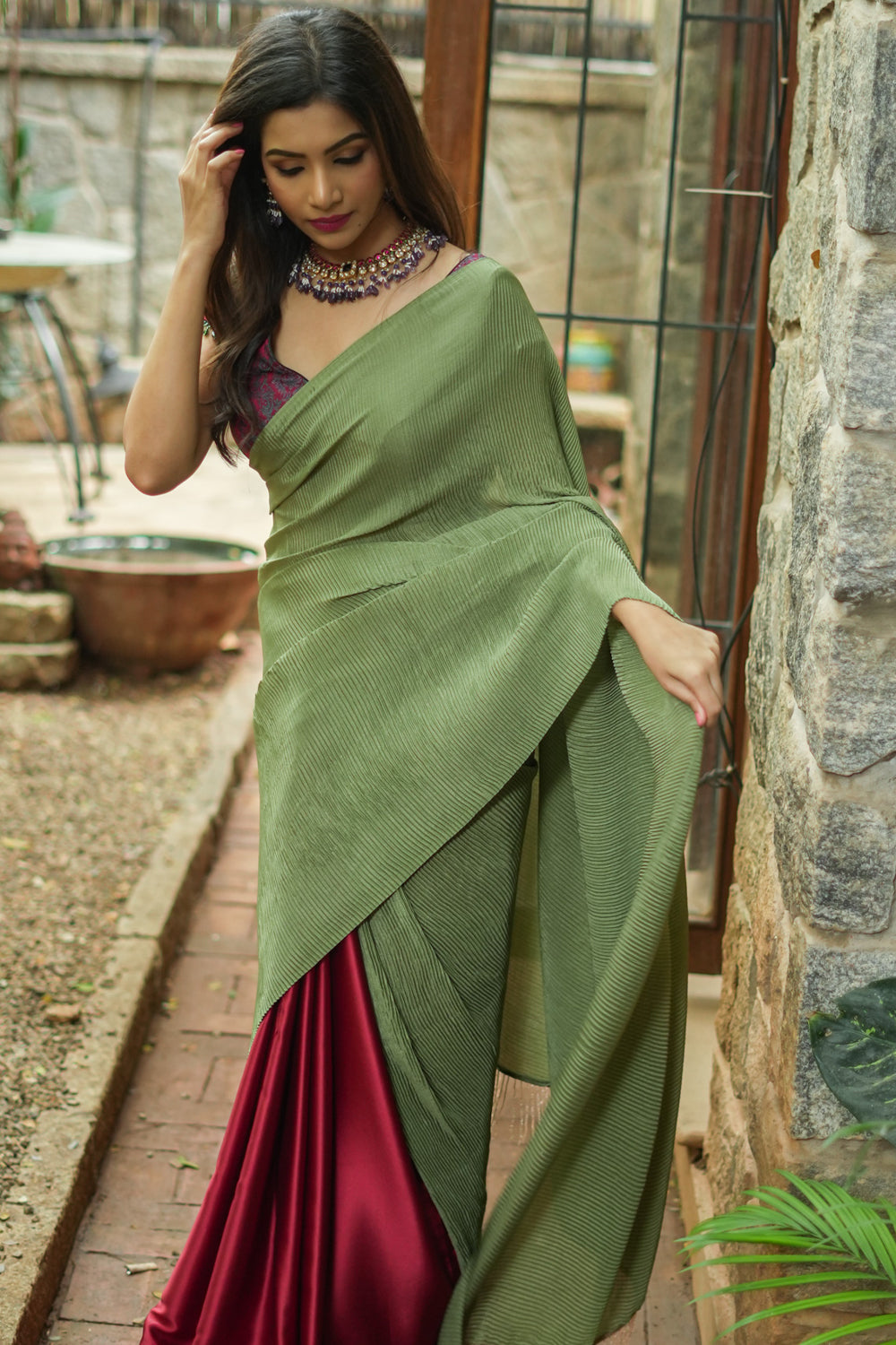 Sage green and maroon pleated satin saree