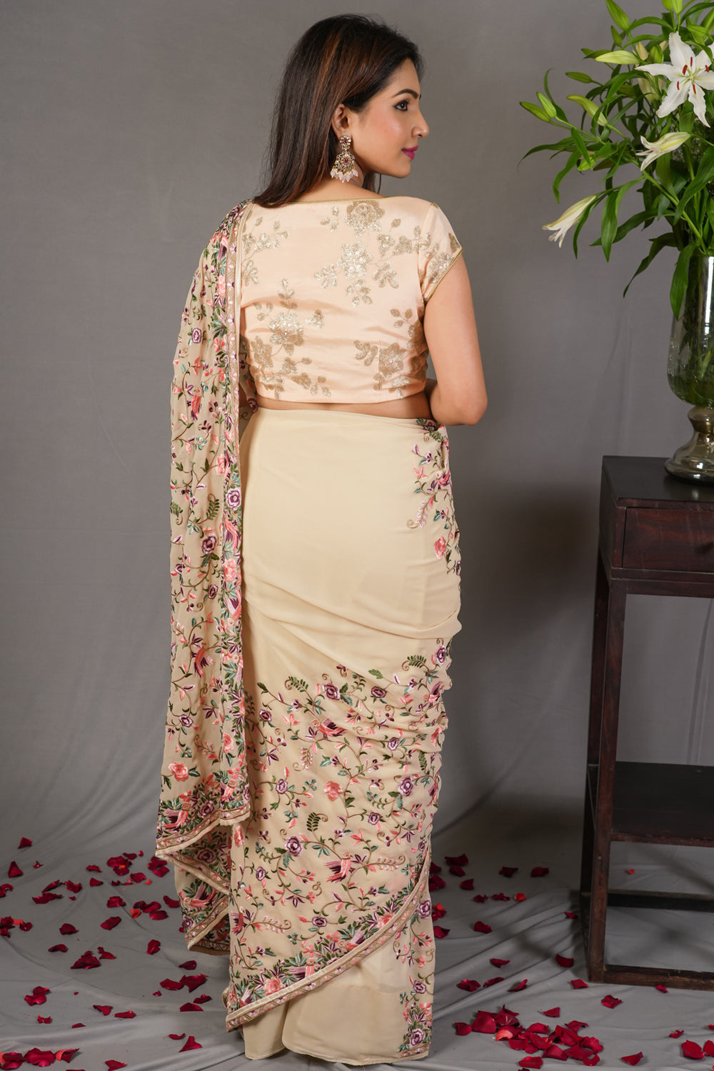 Parsi Gara design machine embroidered georgette saree in beige