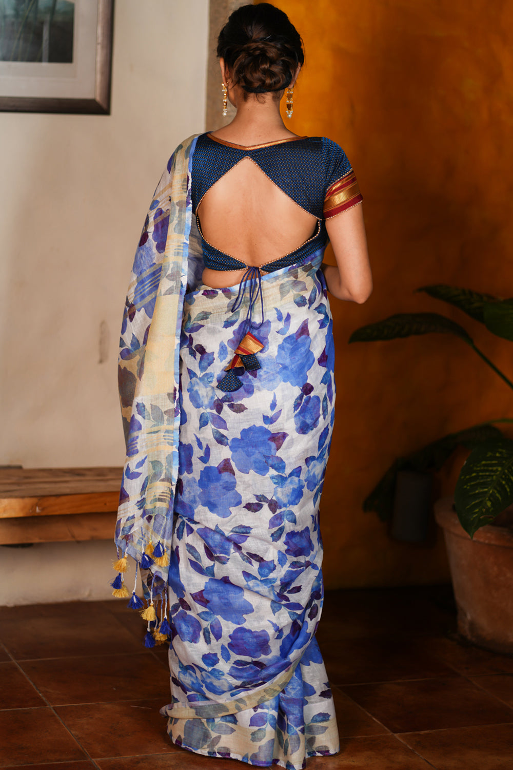 Watercolor Digital Print Linen saree in Blue