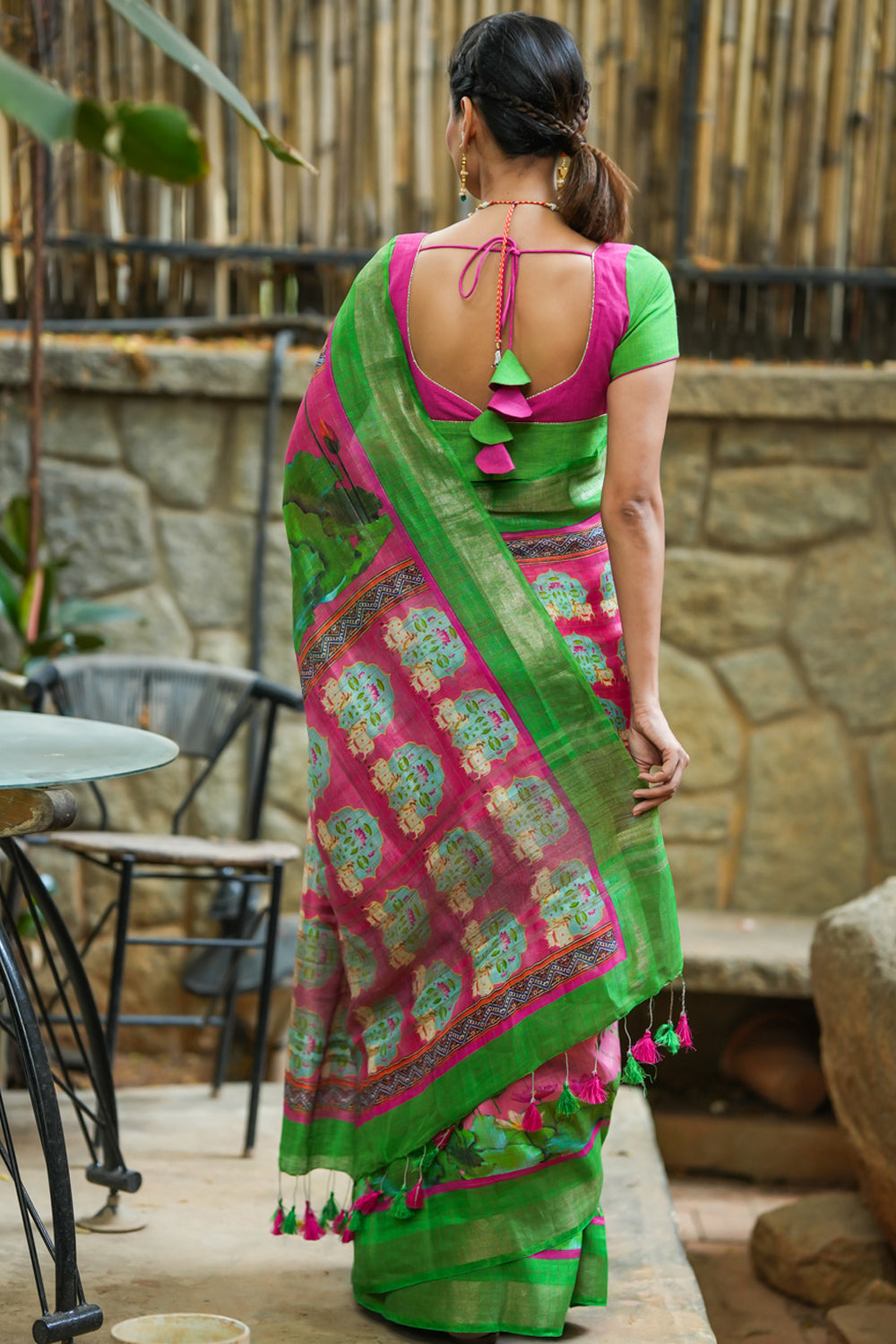 Pink and Green Linen Saree with Pichwai Digital print