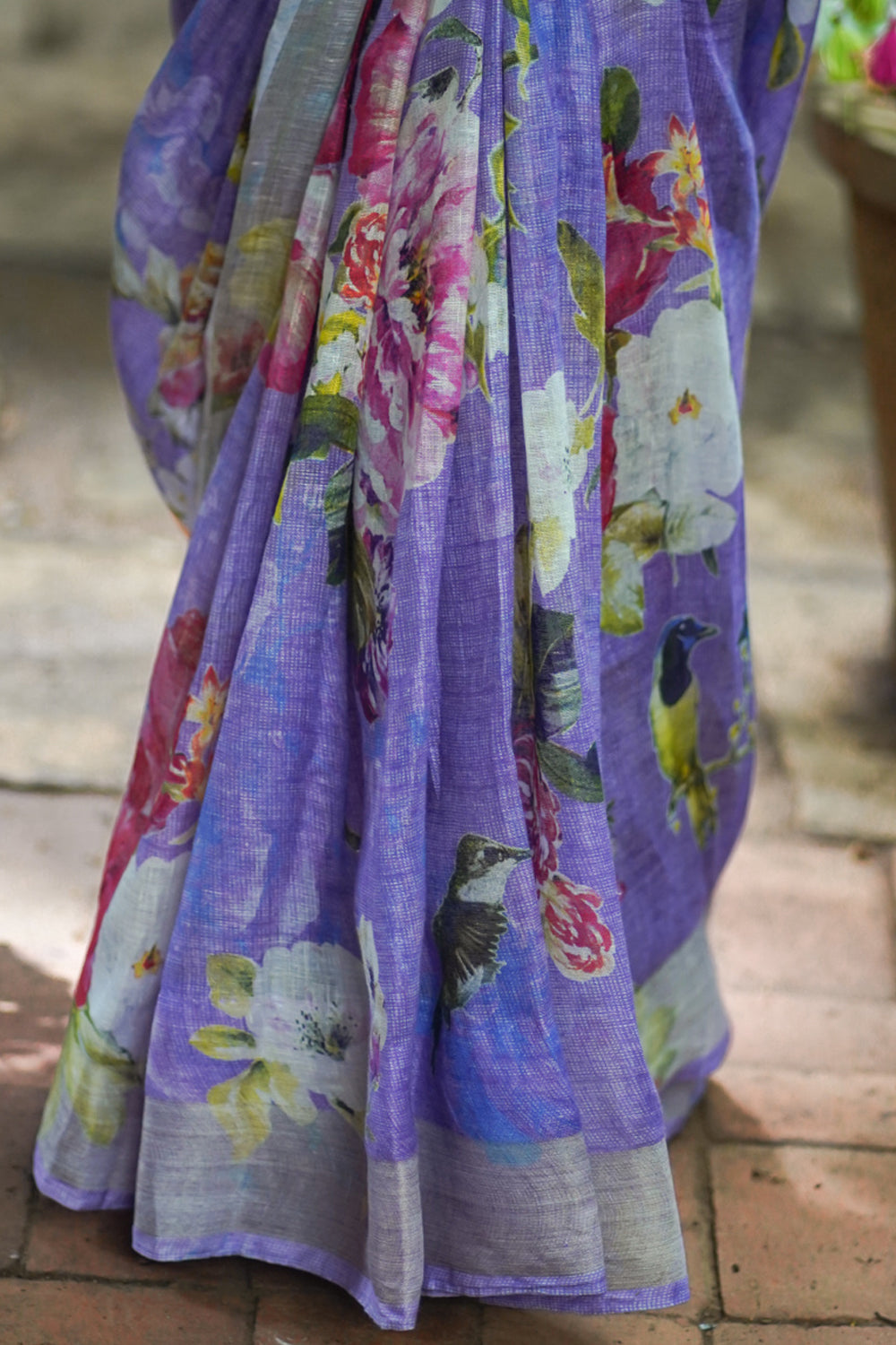 Lavender Linen Saree with Floral Digital Print