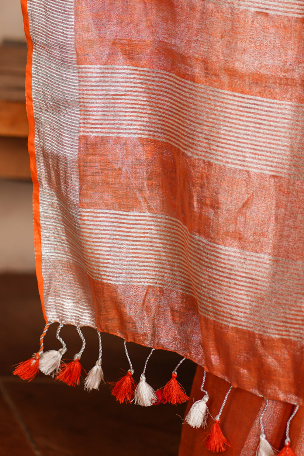 Burnt Orange and Silver Tissue by Linen Saree