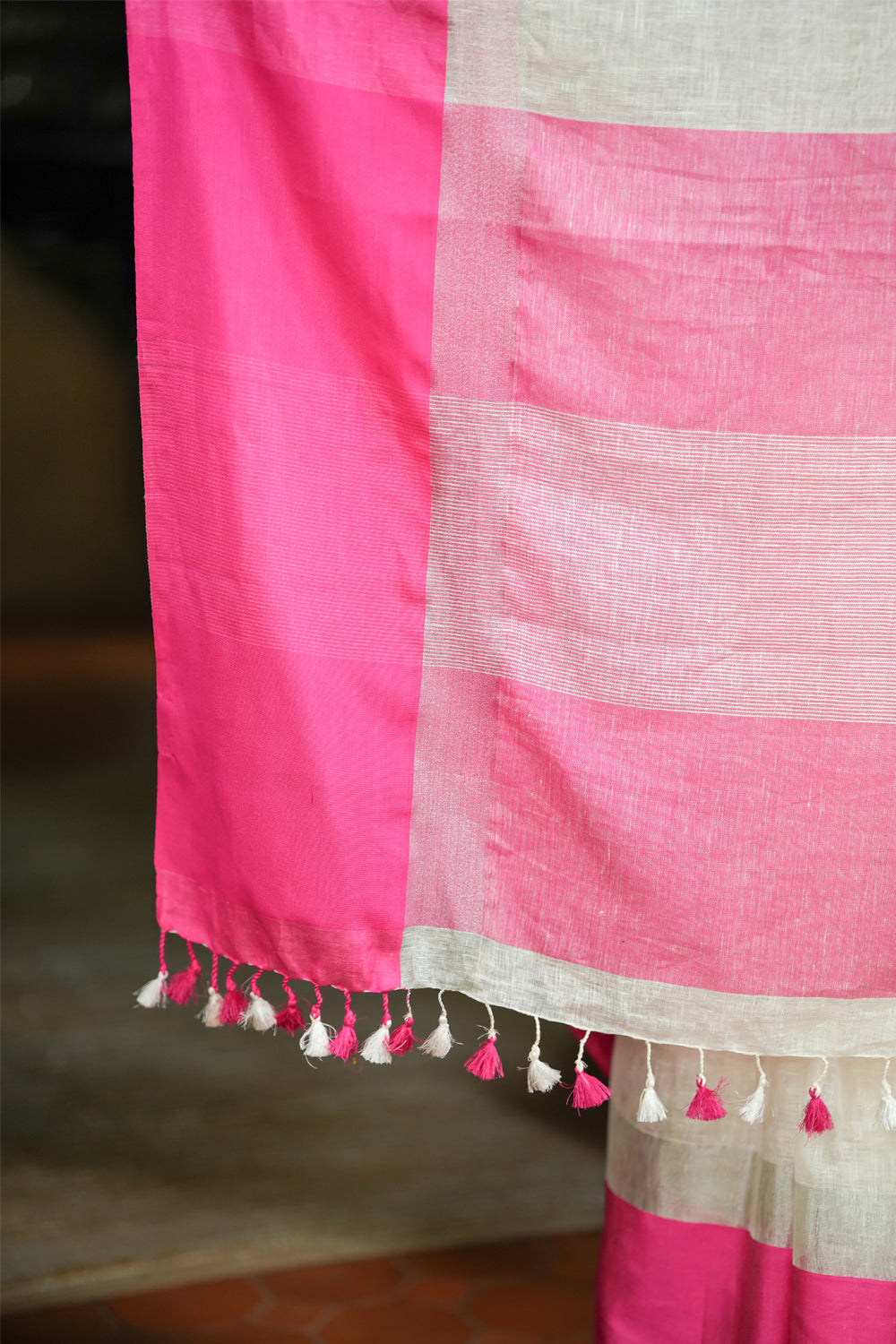 White, Pink and Silver Pure Linen Saree