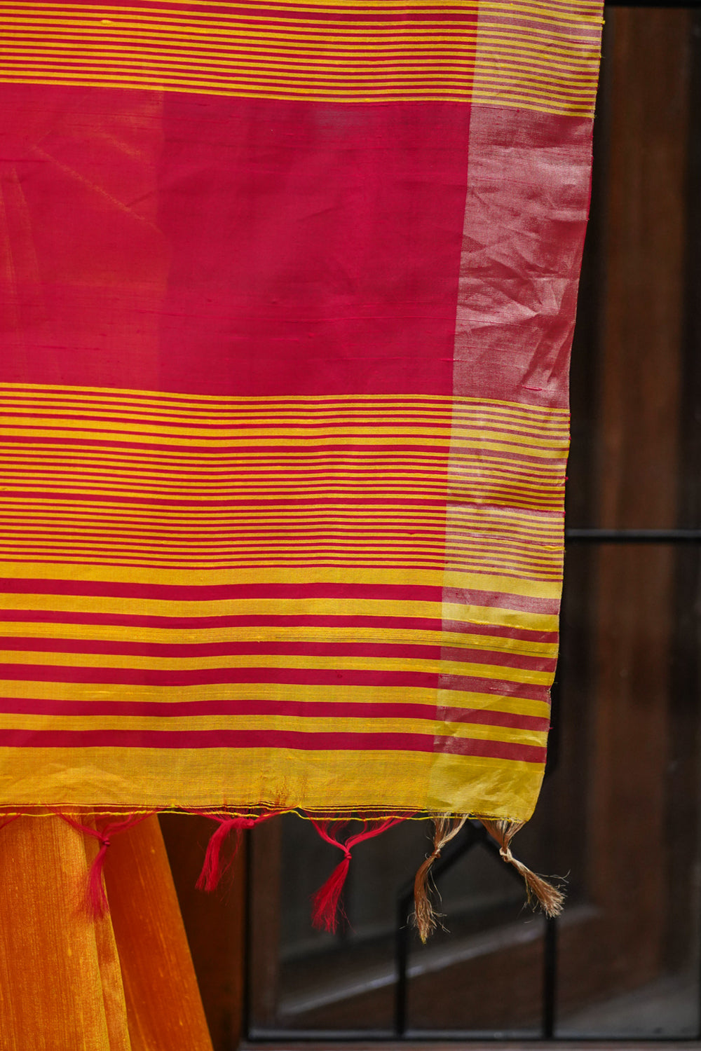 Pure Raw Silk Saree in Orange & Red Dual Tone and Zari Border | SILK MARK CERTIFIED