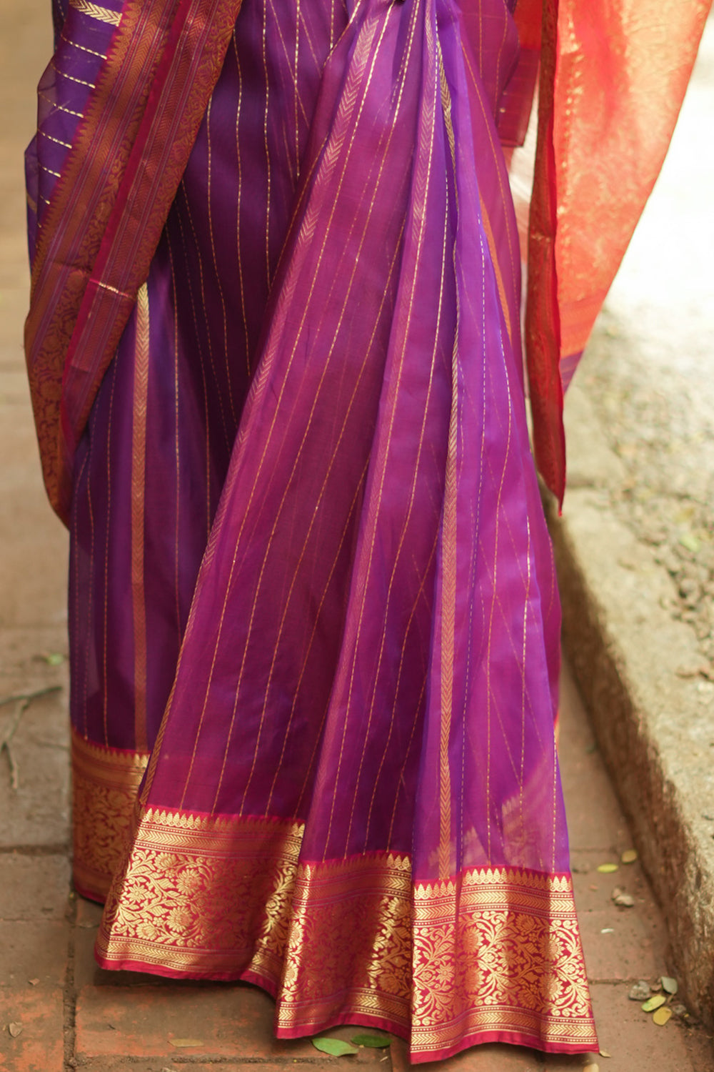 Purple and maroon dual tone striped chanderi silk saree