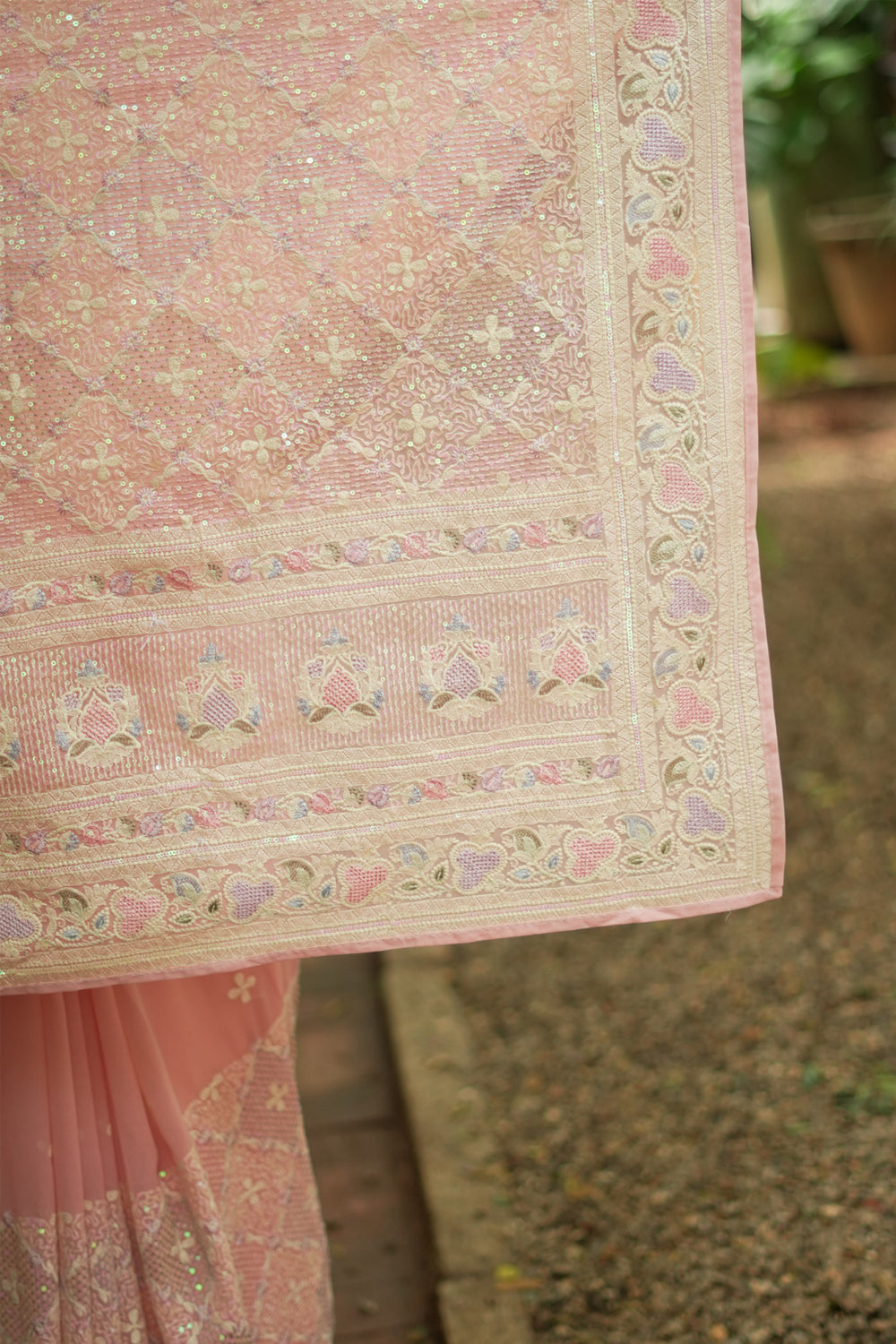 Peach chickankari with multicolour sequin work georgette saree