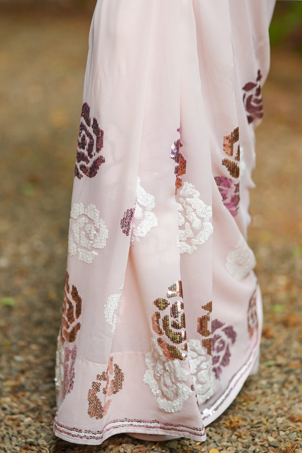 Silver and pink sequin worked georgette saree in dusty peach