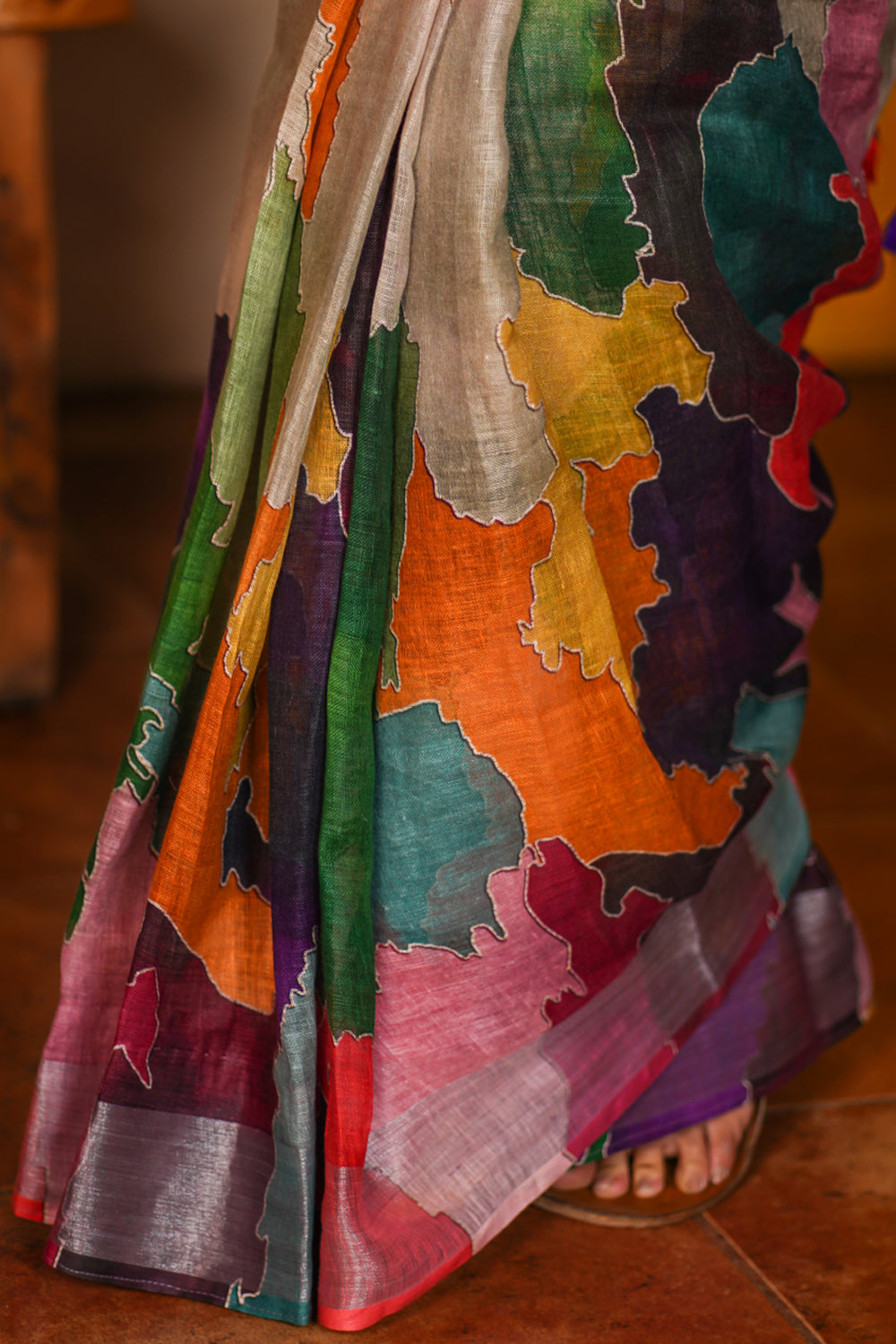 Abstract Print Multicolor Linen by Linen Saree with Zari Border