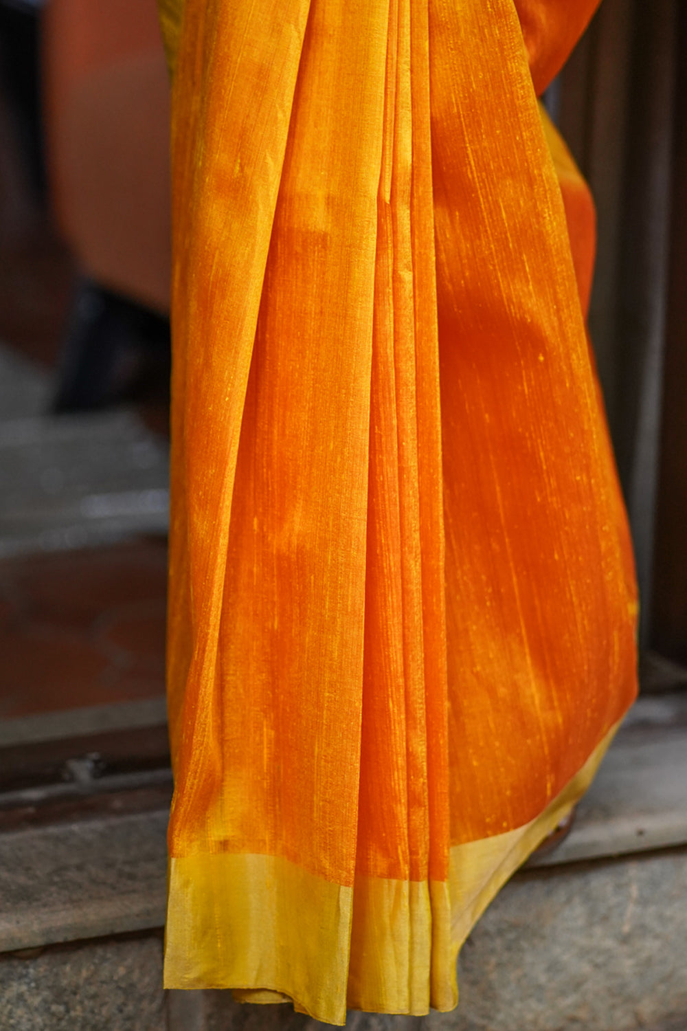 Pure Raw Silk Saree in Orange & Red Dual Tone and Zari Border | SILK MARK CERTIFIED