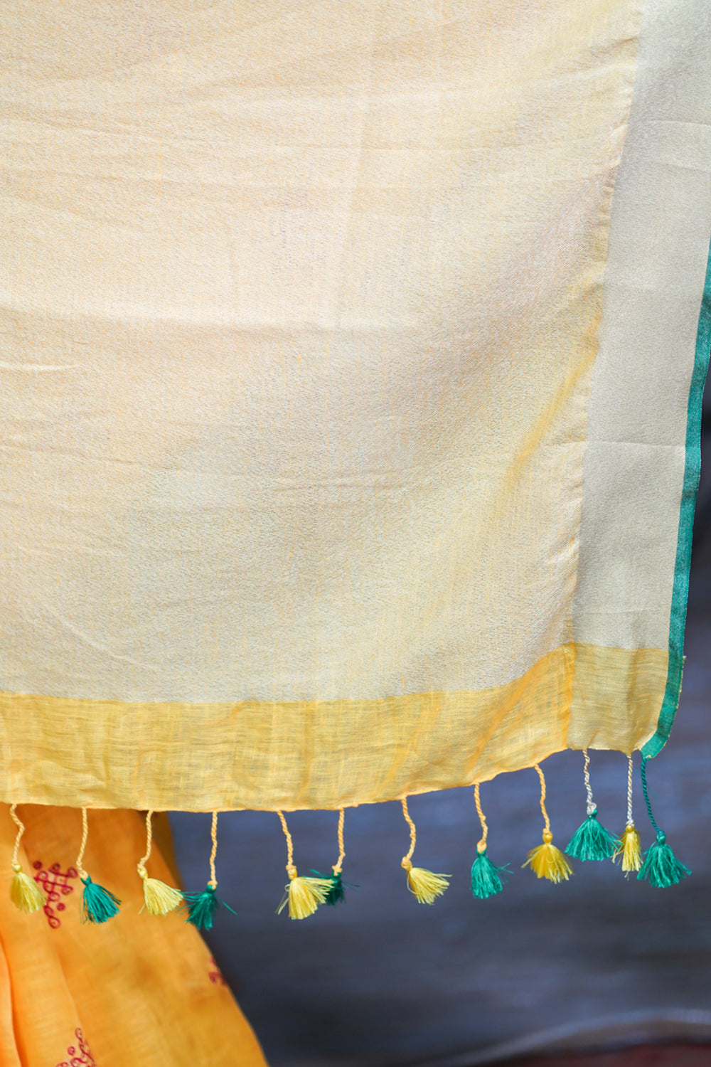 Rangoli Embroidered Border on Pure Linen by Linen Saree in Yellow, Gold and Green